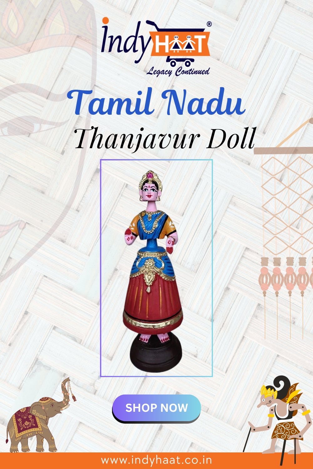 Thanjavur dolls are exquisite examples of South Indian artistry. Each doll captures the regal allure of a queen, brought to life by detailed craftsmanship and bold, expressive colors.