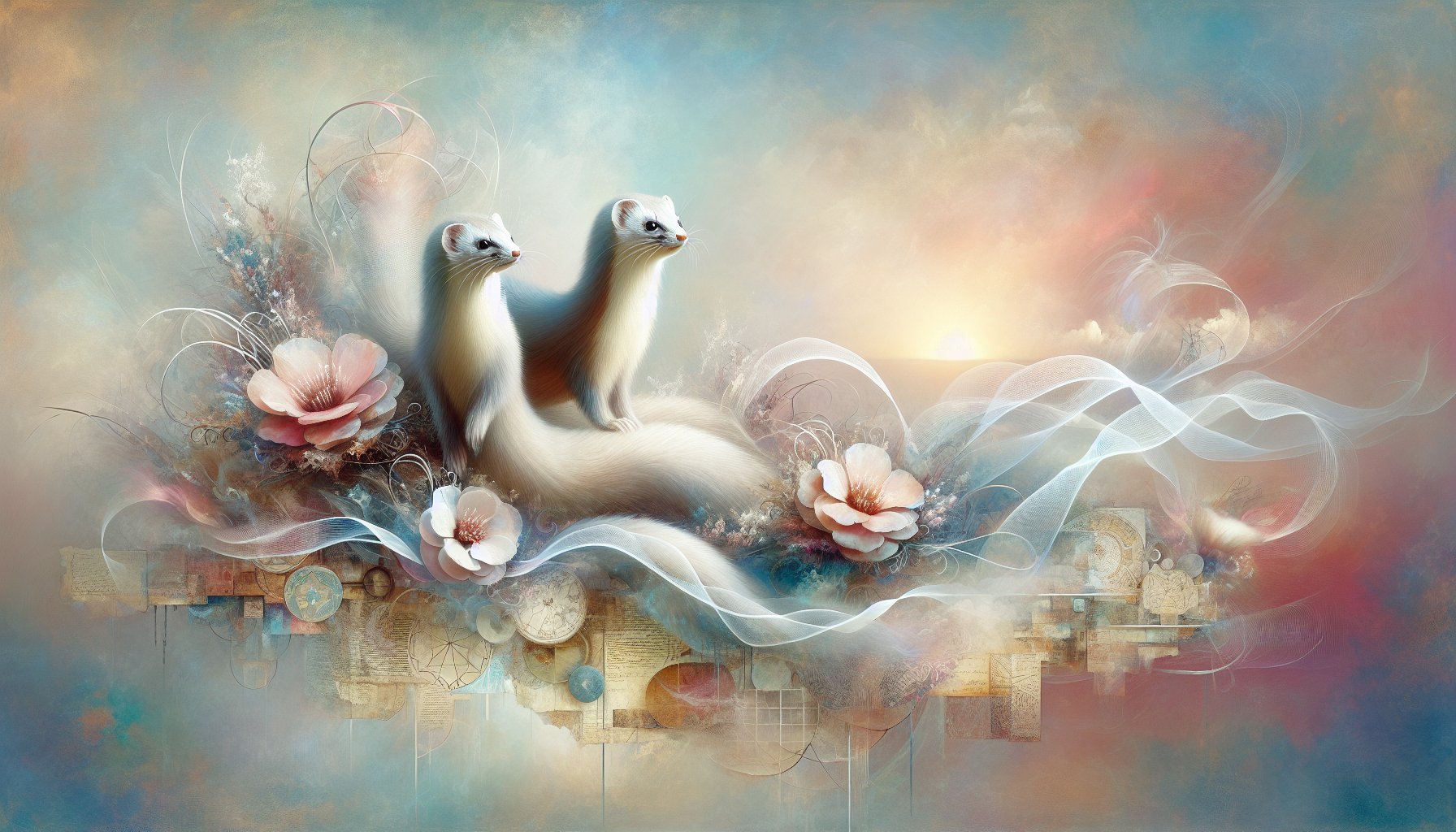 Two elegant, white weasels with soft fur sit closely together amid a surreal, dreamlike environment. The background blends pastel hues of blue, pink, and beige, with delicate, flowing white ribbons weaving through large, soft pink flowers and intricate, abstract shapes resembling old manuscripts and celestial maps. The scene is softly illuminated by a warm glowing sun on the horizon, creating a peaceful, mystical atmosphere.