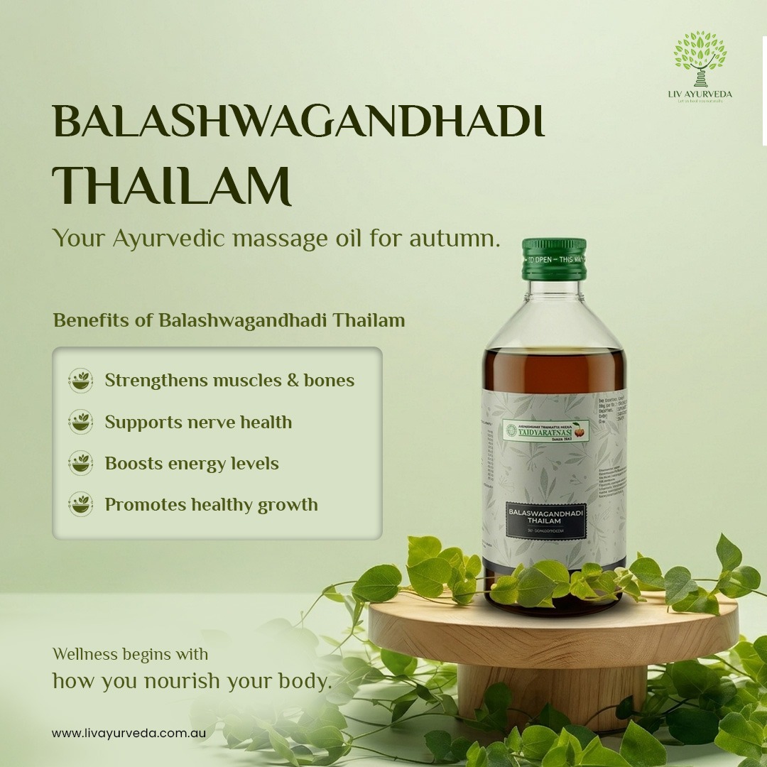 Strength and recovery start with the right care. Balashwagandhadi Thailam is a traditional Ayurvedic oil recommended for head massage, Abhyanga and Marma Therapy; and that helps support muscles, nerves, and overall body strength.
With regular use, it helps improve flexibility, reduce weakness, and nourish tissues deeply. A simple daily ritual to restore energy and support long-term wellness.
Shop now 🌿
https://livayurveda.com.au/shop/uncategorized/balashwangandhadhi-thailam/