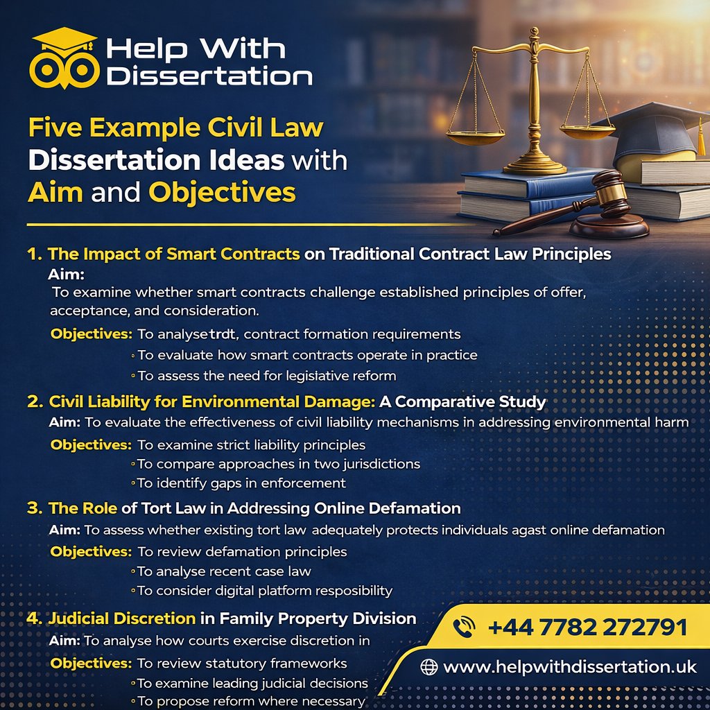 A professional social media graphic in blue and yellow featuring the “Help With Dissertation” logo, presenting five civil law dissertation ideas with clearly structured aims and objectives. The design includes legal-themed visuals such as scales of justice, books, and a gavel, along with contact details (+44 7782 272791 and www.helpwithdissertation.uk