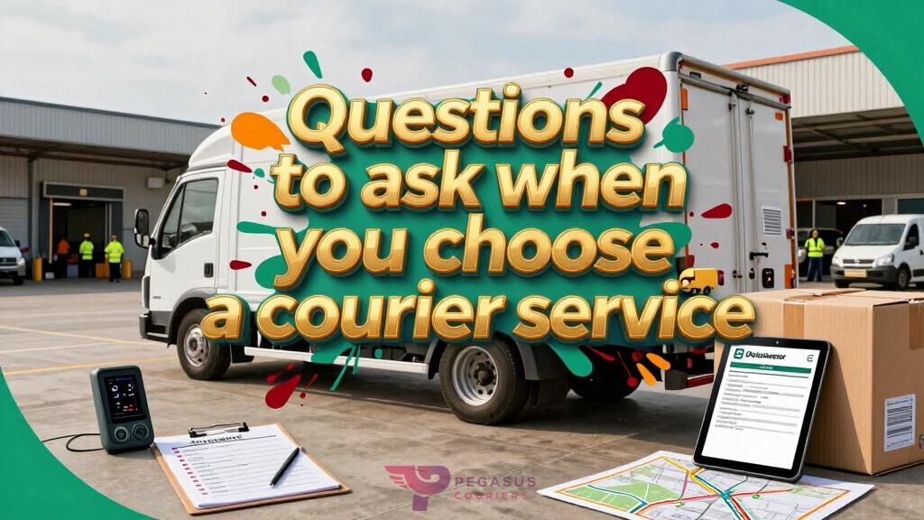 𝗤𝘂𝗲𝘀𝘁𝗶𝗼𝗻𝘀 𝘁𝗼 𝗮𝘀𝗸 𝘄𝗵𝗲𝗻 𝘆𝗼𝘂 𝗰𝗵𝗼𝗼𝘀𝗲 𝗮 𝗰𝗼𝘂𝗿𝗶𝗲𝗿 𝘀𝗲𝗿𝘃𝗶𝗰𝗲 is displayed in bold, modern sans-serif typography with a vibrant golden outline that contrasts sharply against the neutral background, ensuring maximum readability while incorporating subtle delivery truck and package icons integrated into select letterforms.n