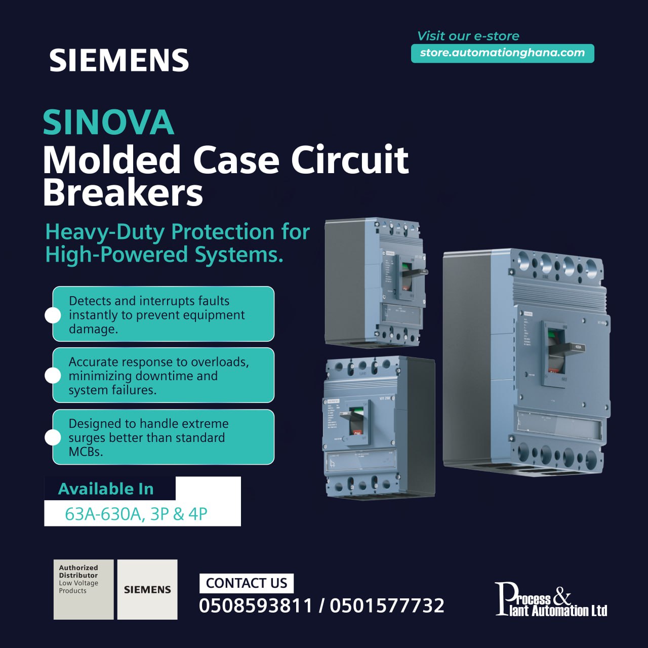 Siemens SINOVA molded case circuit breakers, available at The Automation Ghana Group.