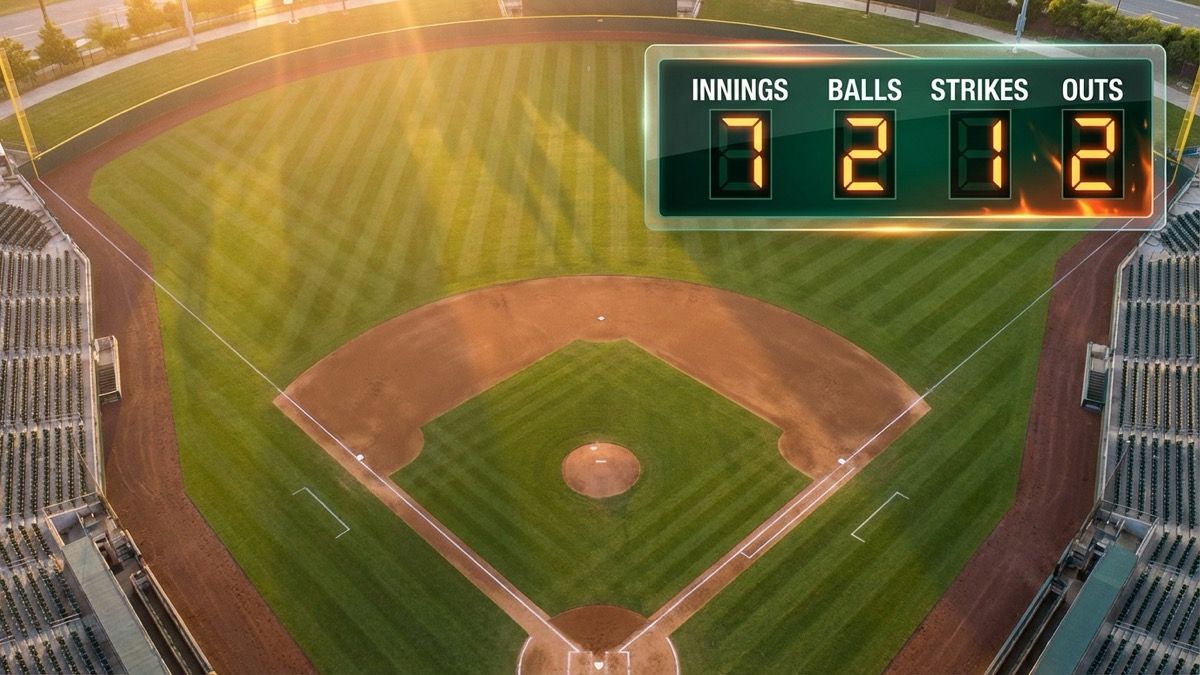 Baseball diamond with digital scoreboard showing innings, balls, strikes and outs