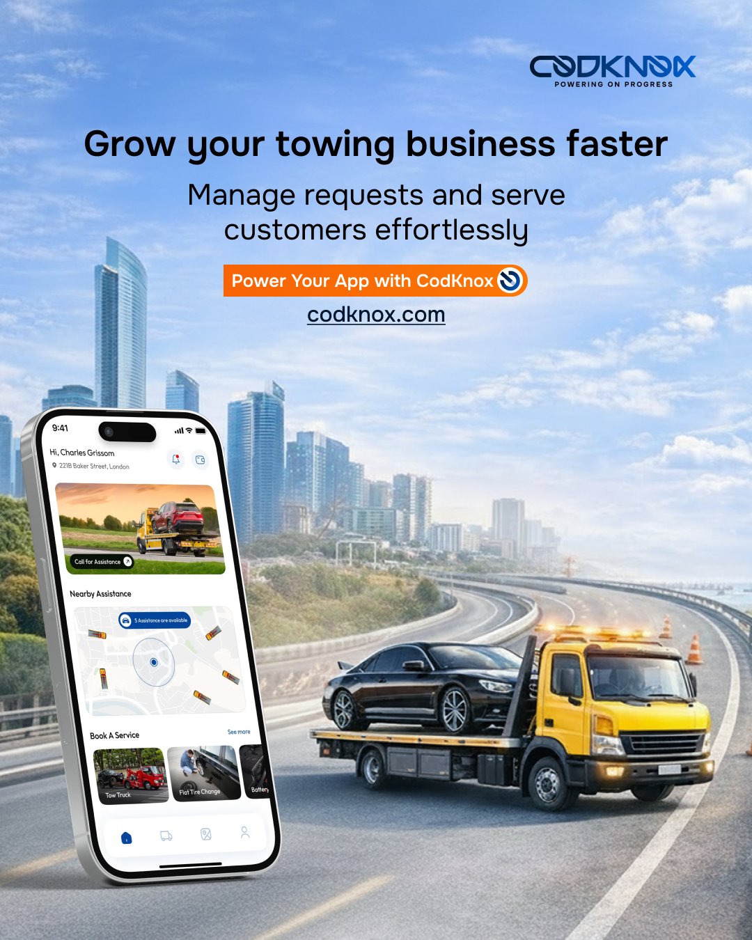 An Infographic image with text “Grow your towing business faster, Manage requests and serve customers effortlessly.”
