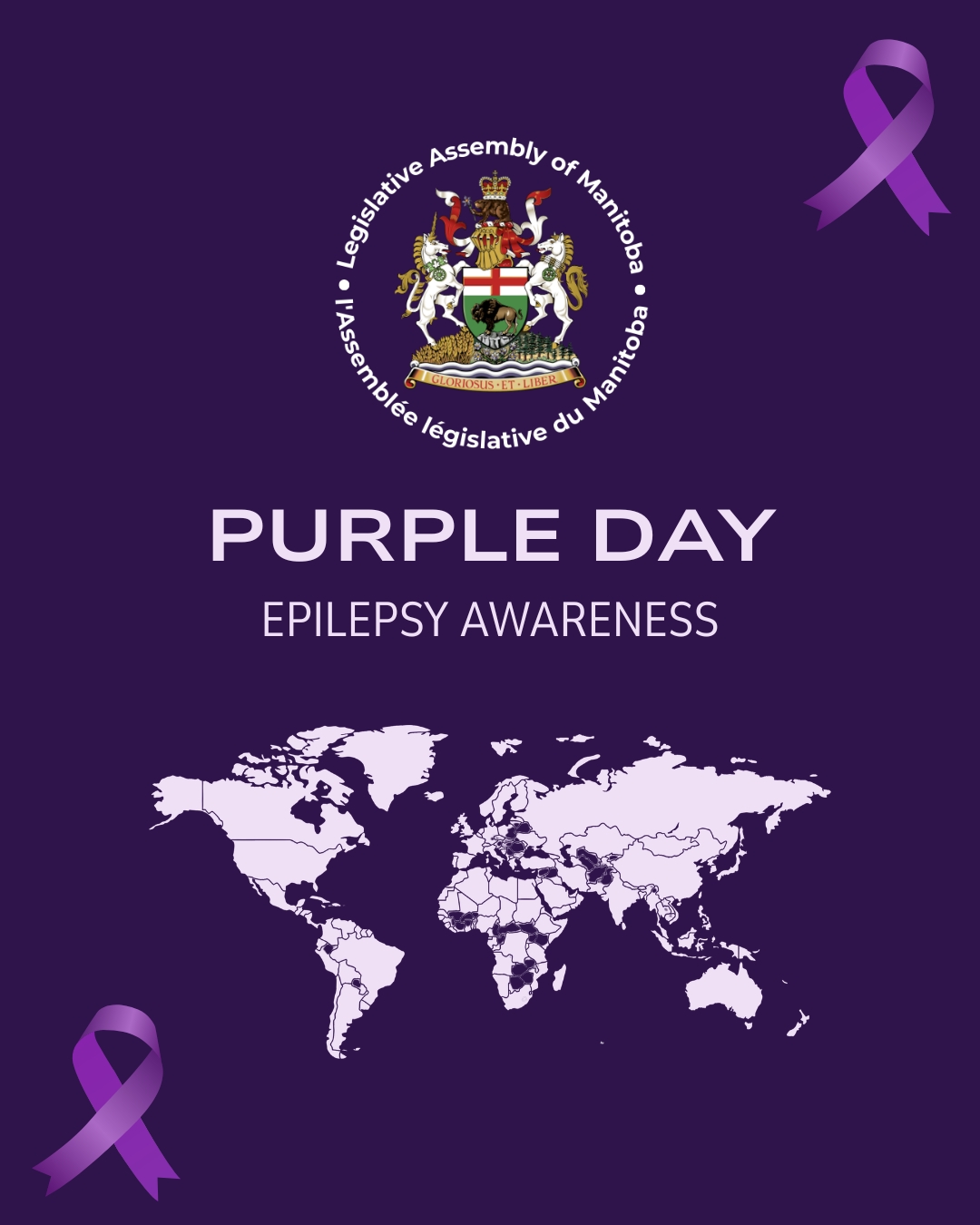 dark purple back ground. Purple ribbons in the corners.