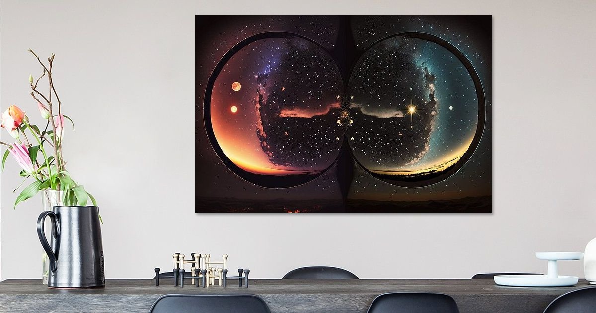 A stunning photorealistic illustration featuring two circular cosmic windows, side by side in a symmetrical composition. The left circle reveals a vibrant, star-filled sky with glowing galaxies and distant planets, while the right side captures a moody, darker night scene illuminated by a luminous moon. Rendered with rich colors and lifelike details, the image evokes the sensation of viewing the universe through a fisheye lens. Ideal for space enthusiasts, fantasy prints, or modern celestial-themed decor.