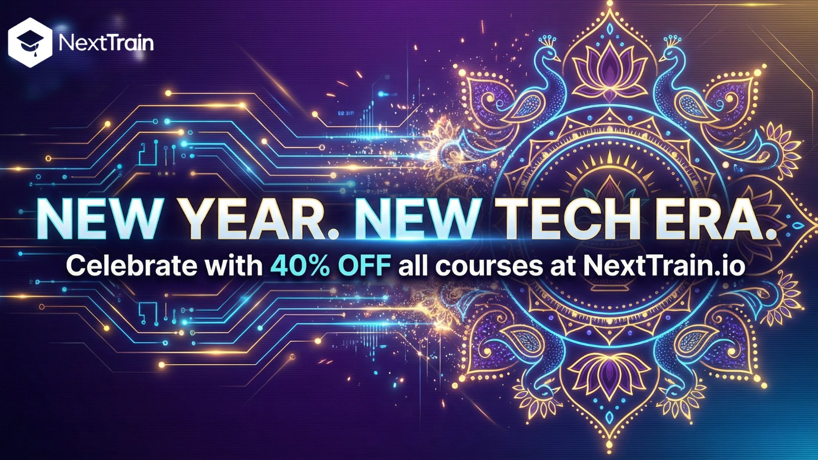 NextTrain: New Year, New Tech Era - 40% off all courses, neon circuitry and colourful mandala design with the NextTrain logo.