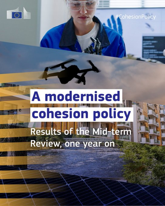 A modernised cohesion policy. Results of the Mid-term review, one year on. Photo in the background showing a female industry worker, helicopter in the sky, facade of modernised appartment building, a river, solar panels. 
