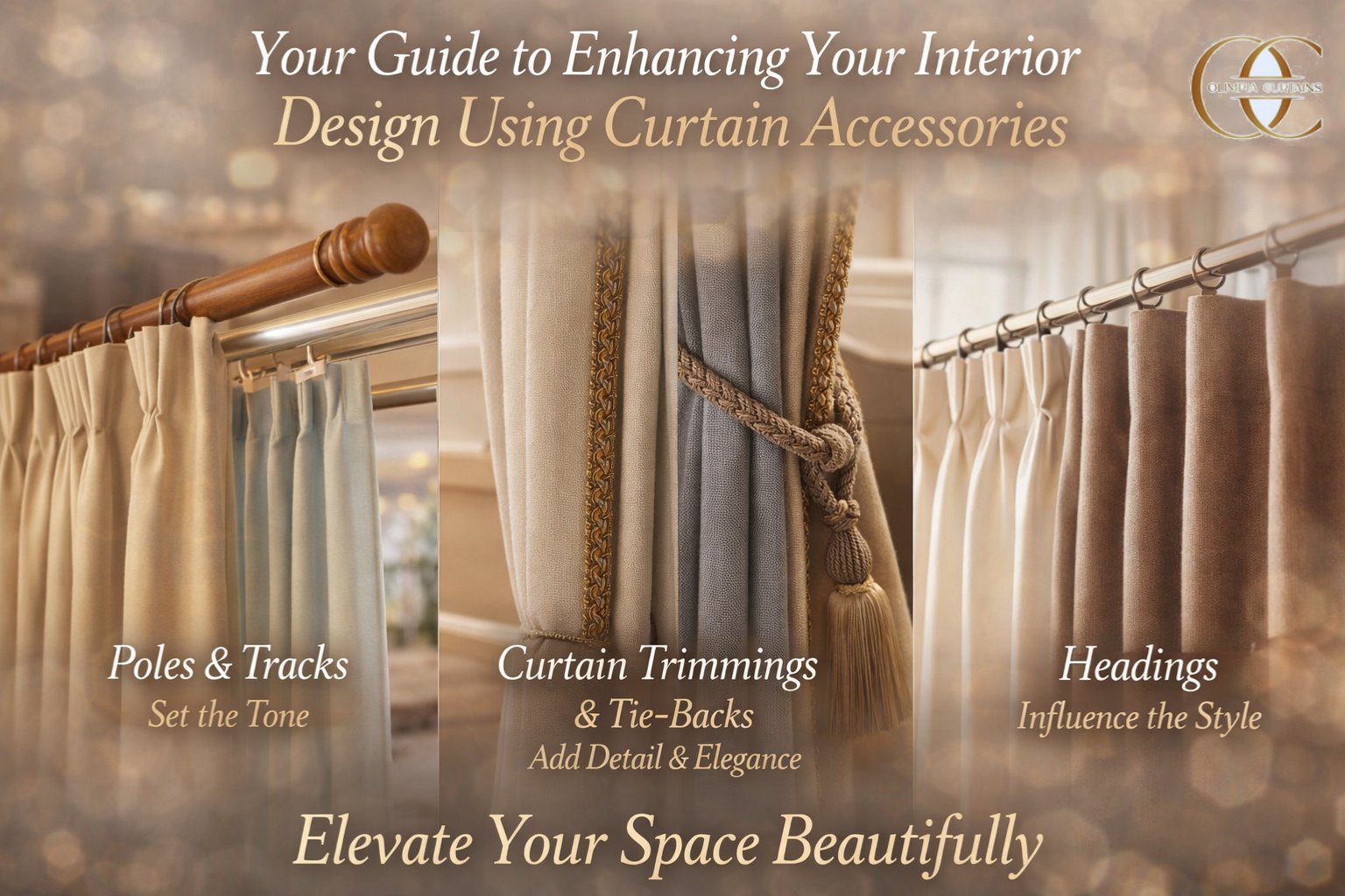 Elegant curtain display showcasing poles and tracks, trimmings with tie-backs, and headings. Text highlights enhancing interiors with curtain accessories.