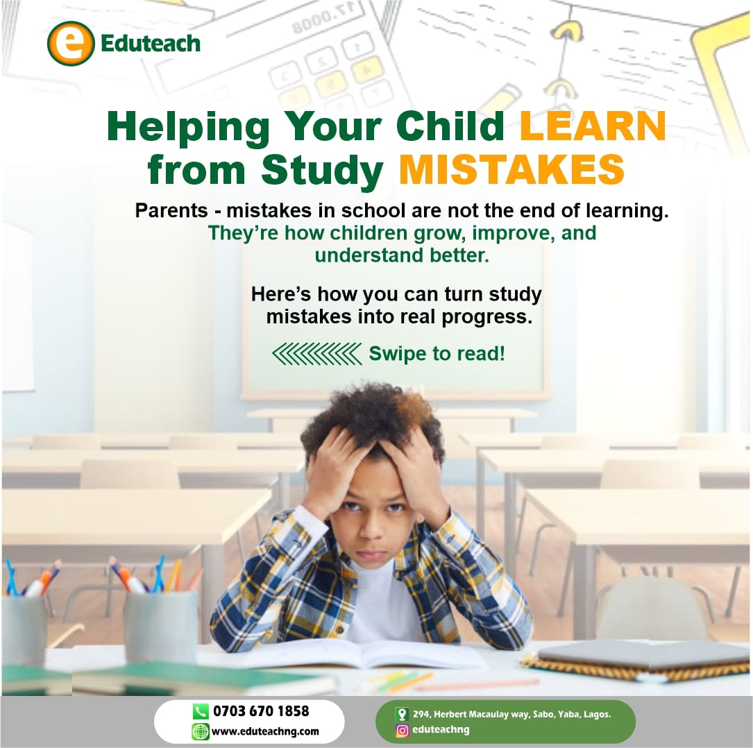 Mistakes are part of learning - not the end of it.
With patience, guidance, and the chance to try again, children build confidence and improve faster.

Support matters.

🌐 www.eduteachng.com
📞 07036701858

#LearningSupport #GrowthMindset #AcademicSupport #ParentsInLagos