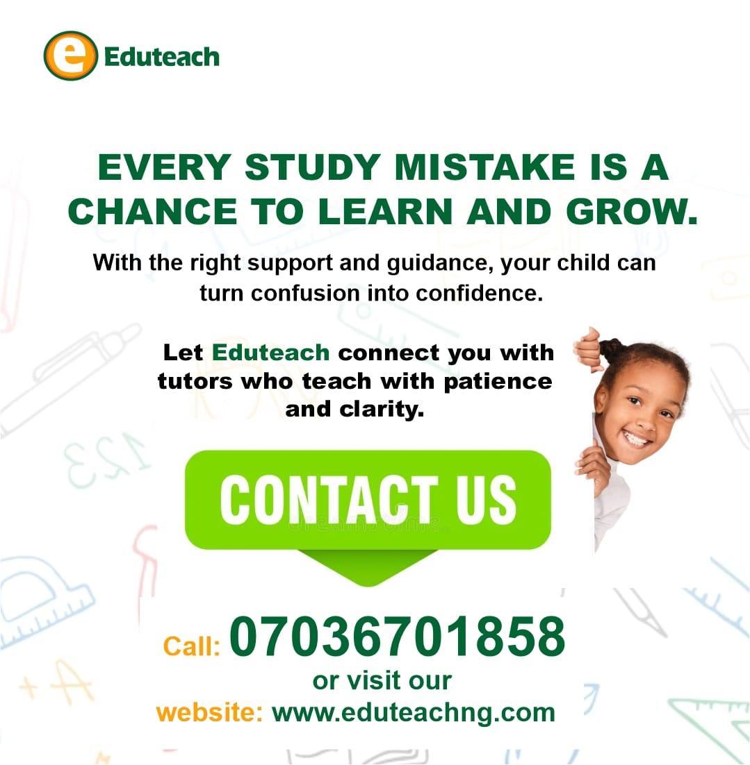 Mistakes are part of learning - not the end of it.
With patience, guidance, and the chance to try again, children build confidence and improve faster.

Support matters.

🌐 www.eduteachng.com
📞 07036701858

#LearningSupport #GrowthMindset #AcademicSupport #ParentsInLagos