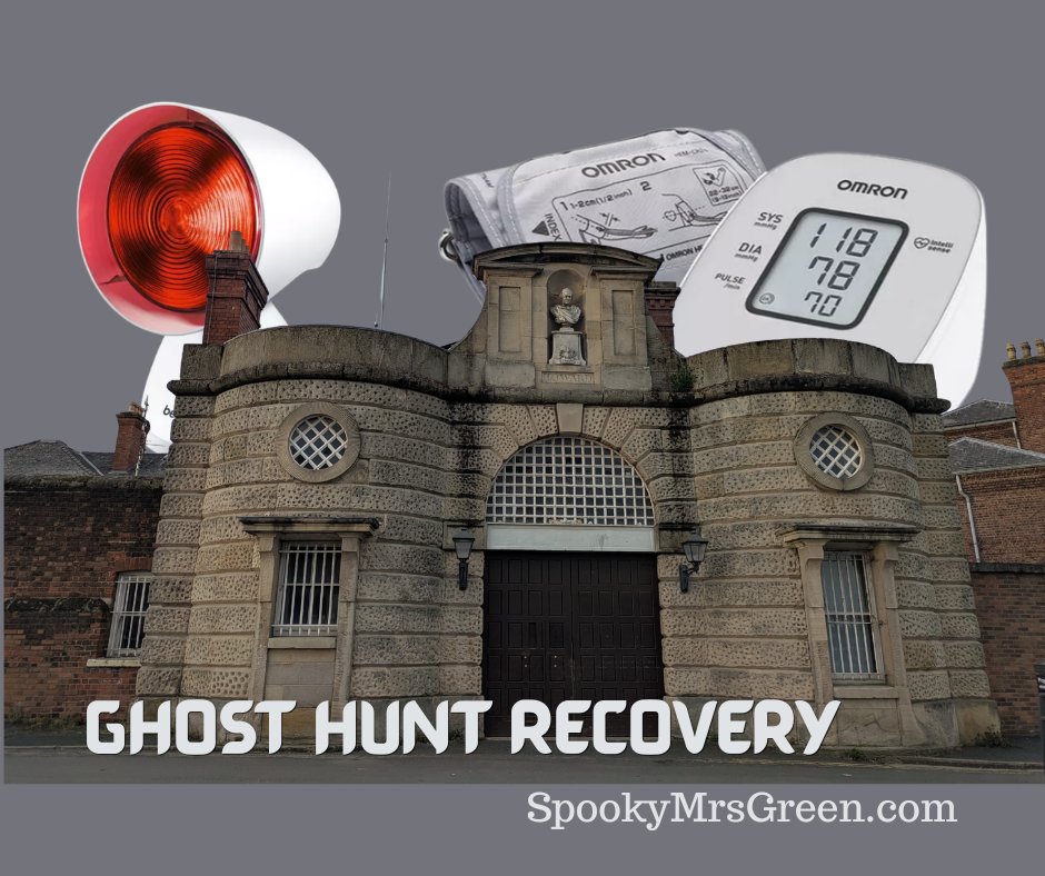 Image of Shrewsbury Prison main entrance old building heritage building. Image of heat lamp and blood pressure monitor from Currys affiliated with SpookyMrsGreen.com.