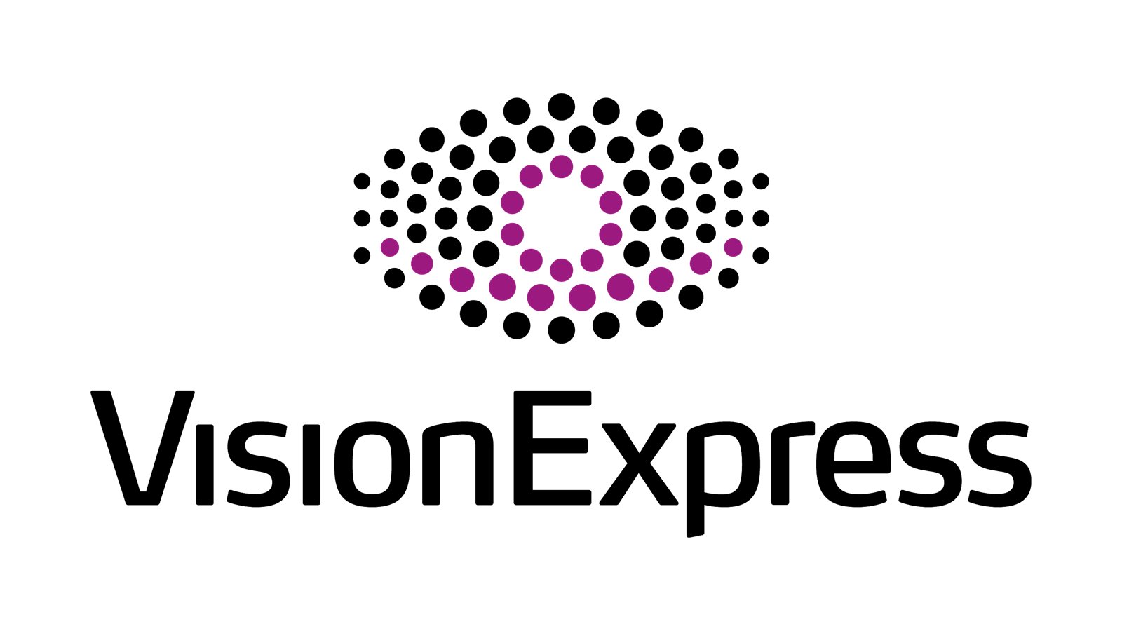 VisionExpress brand logo featuring an abstract eye made of varying sized black and purple circles.