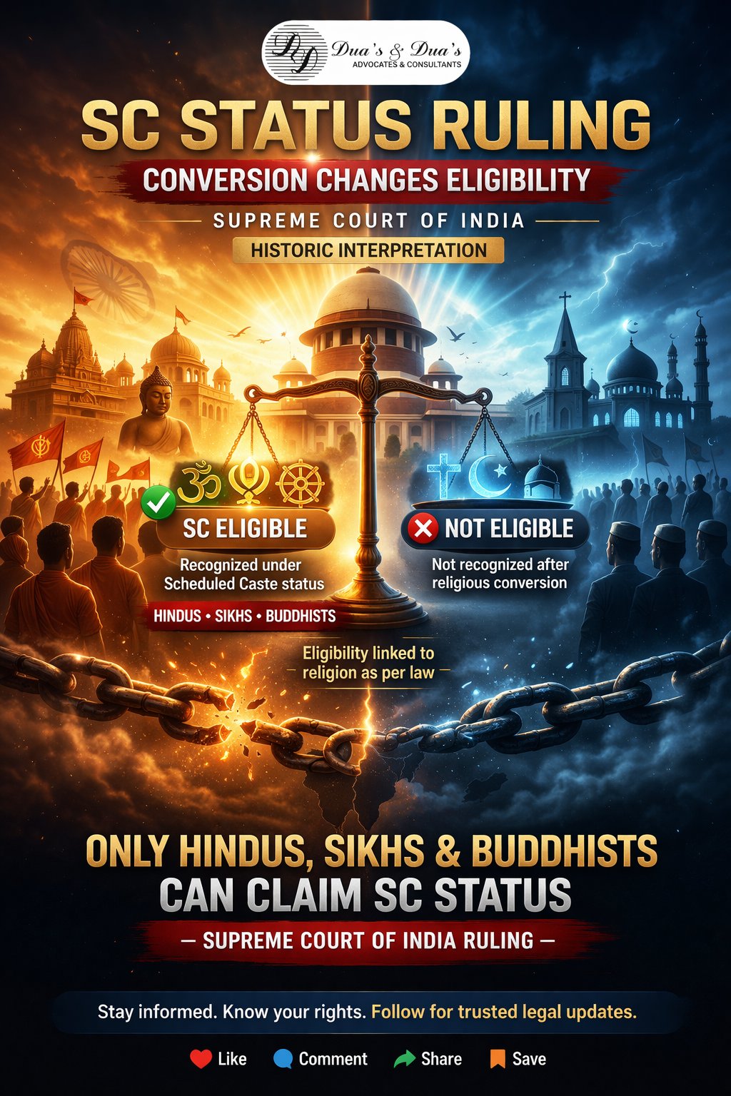 Supreme Court of India ruling on Scheduled Caste status eligibility showing that only Hindus, Sikhs, and Buddhists can claim SC benefits, with visual comparison of eligible and non-eligible groups, legal awareness post design.