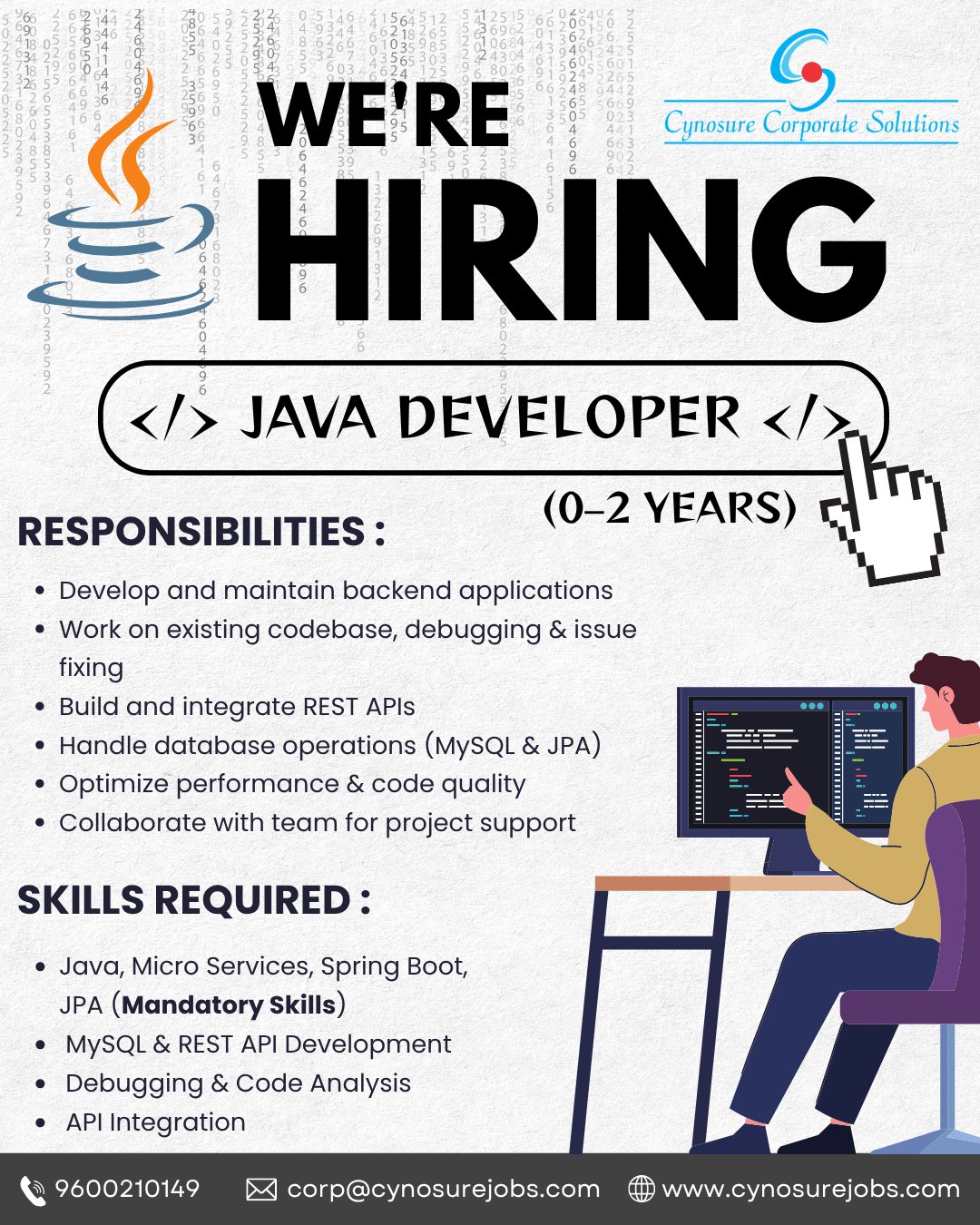Cynosure corporate solutions hiring java developer with an experience of 0-2 years. Java,micro services,spring boot,JPA are mandatory skills required for this role.