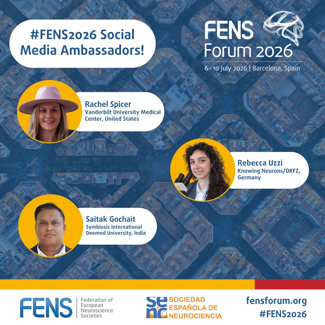 🌟 Meet the #FENS2026 Social Media Ambassadors!
#FENS is excited to introduce an inspiring group of #researchers who will be sharing their journey, insights and behind-the-scenes moments on social media. 📱
🇪🇸 As we count down to the #FENSForum 2026, 6-10 July in #Barcelona, our ambassadors will be highlighting key events, activities and must-see moments along the way.
👉 Follow them and stay connected to everything #FENSForum 2026!
🔗 Learn more: https://fensforum.org/meet-the-fens2026-social-media-ambassadors/