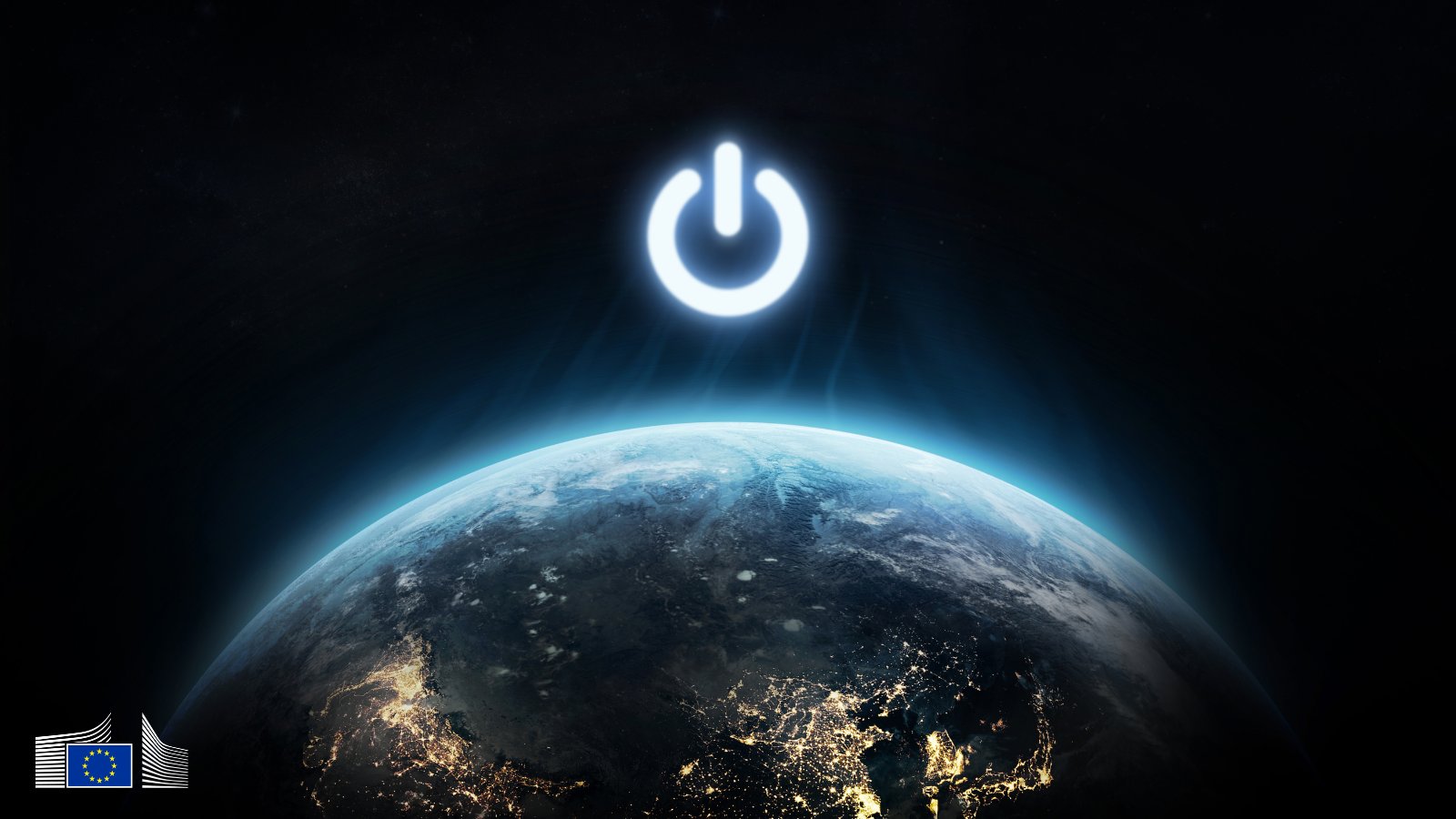Glowing power button symbol above Earth viewed from space at night.