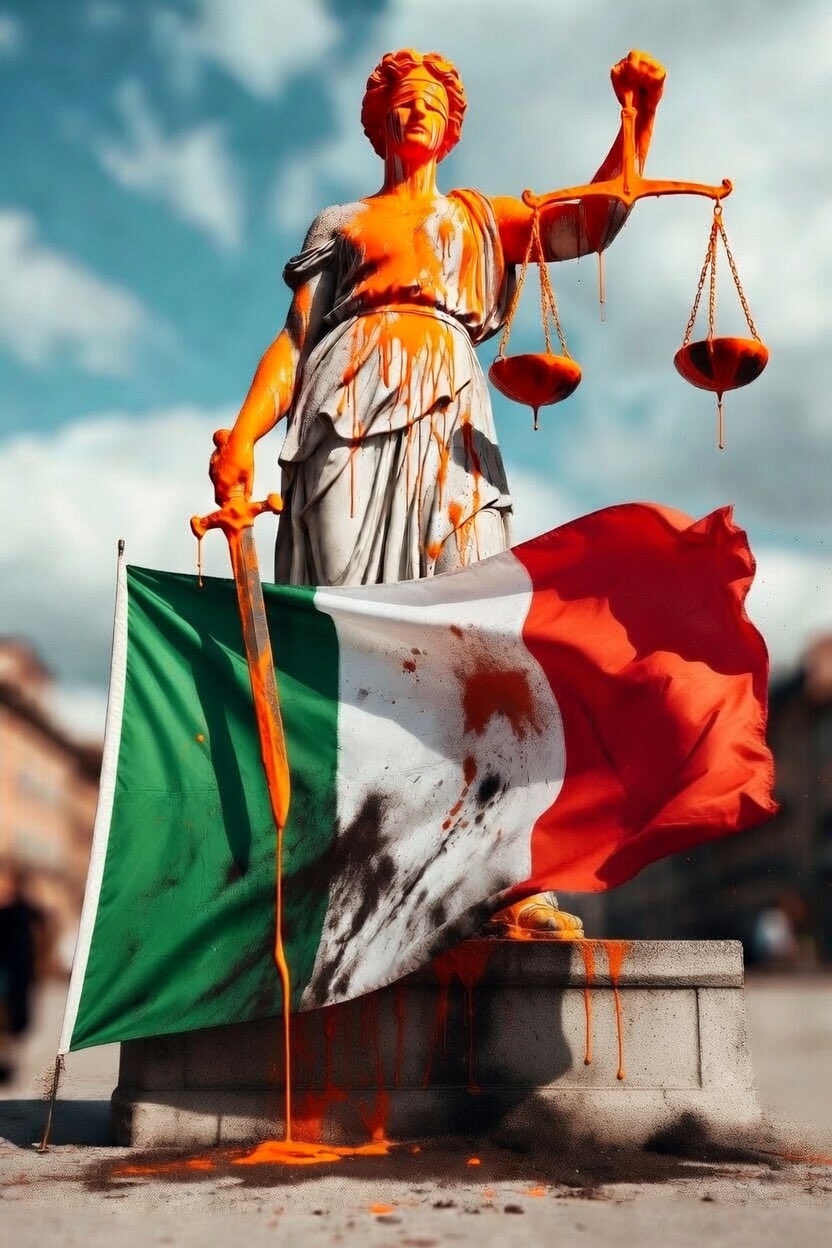 Immagine della statua bendata della giustizia vandalizzato con della vernice arancione con sotto la bandiera italiana che sventola sporca e stropicciata.