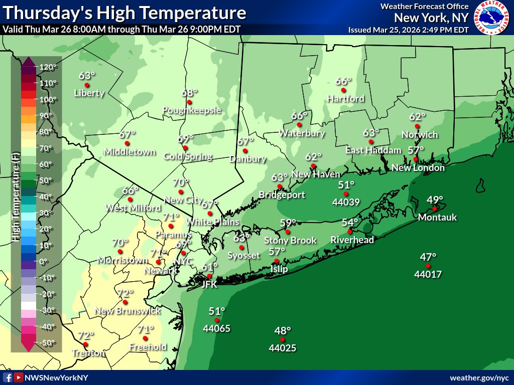 A map of the high temperature forecast for Thursday across the local area.