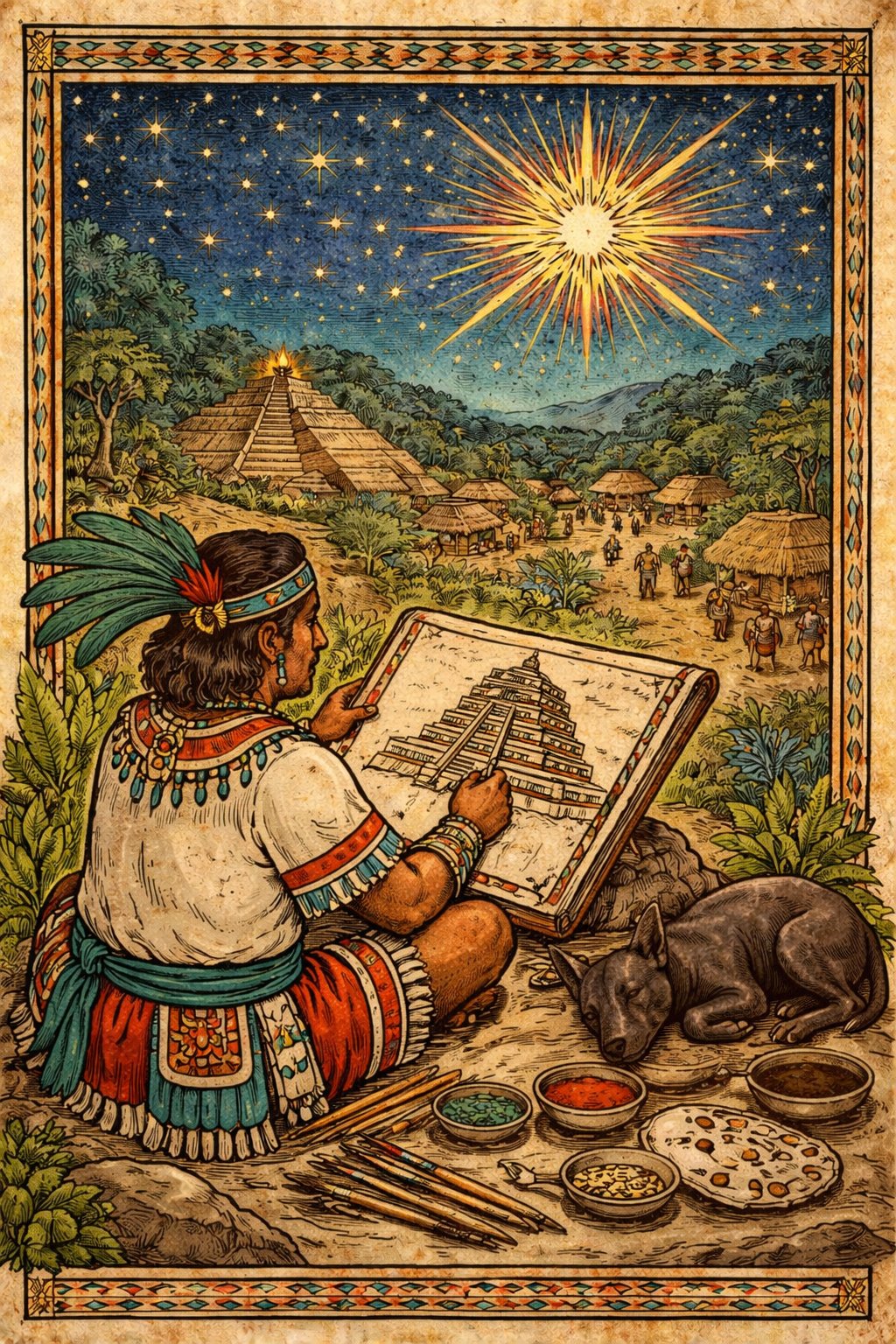 🌟 The Scribe Beneath the Stars
He draws the pyramid before it is built. The dog sleeps. The stars burn. The village watches.
Some knowledge is written before it happens.