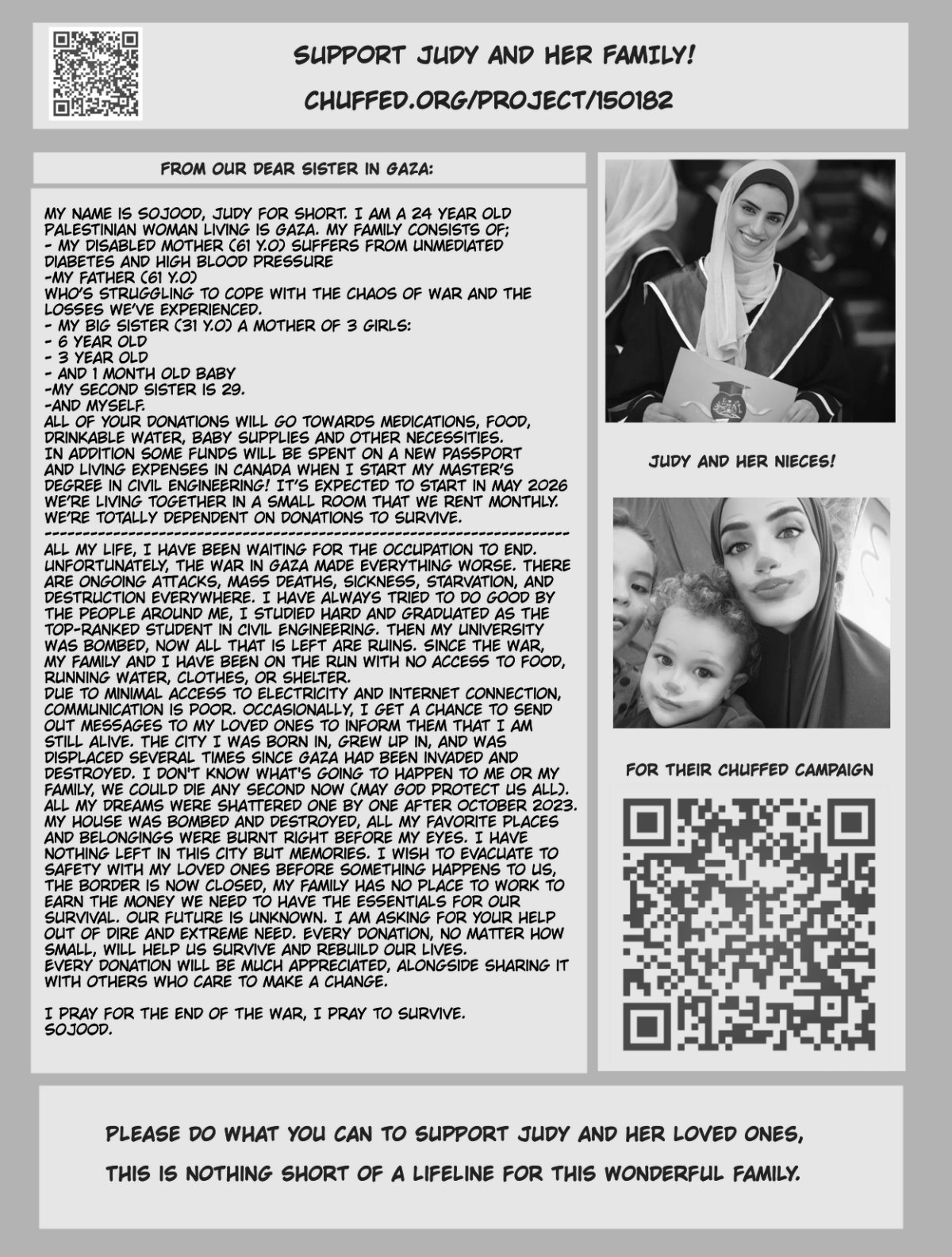 A black and white flyer for Judy and her family's campaign with two identical QR codes.
