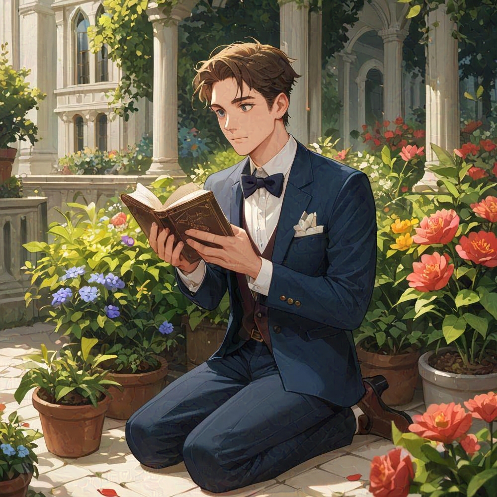 cute butler fancy book kneeling garden
