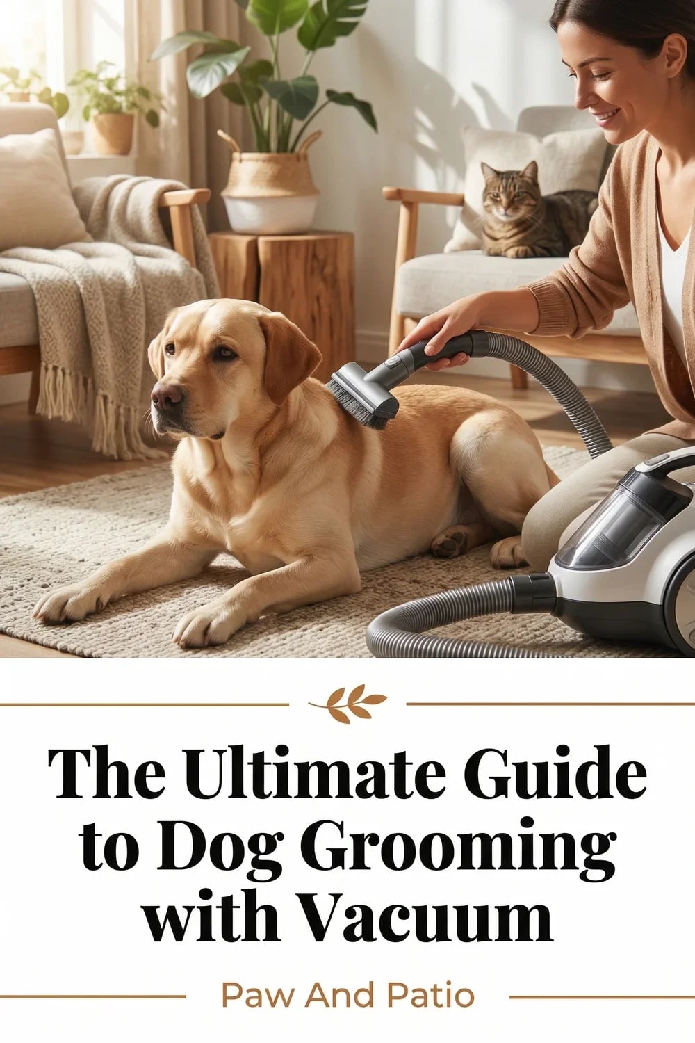Woman using a dog grooming vacuum on her Golden Retriever outdoors on a patio.