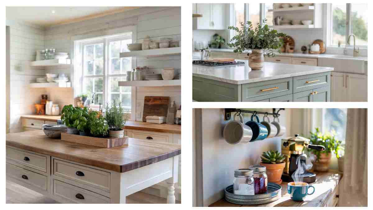 Three-image collage showing modern farmhouse kitchen details: soft sage green lower cabinets with polished brass pulls, white shiplap backsplash with open wood shelving, white fireclay apron-front sink with oil-rubbed bronze faucet. 