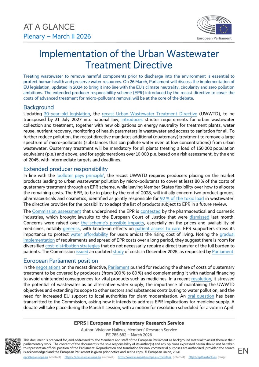 EPRS plenary at-a-glance on 'Implementation of the Urban Wastewater Treatment Directive' (March 2026)