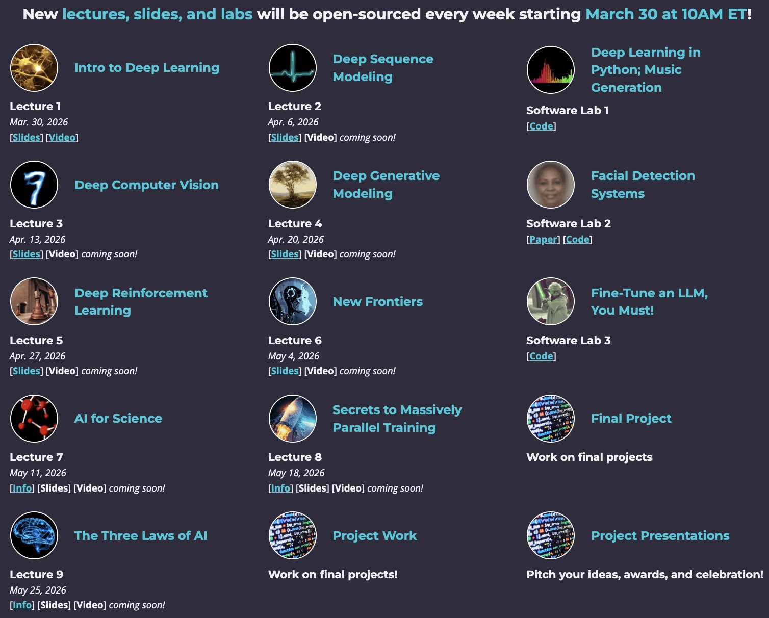 2026 MIT Deep Learning Schedule