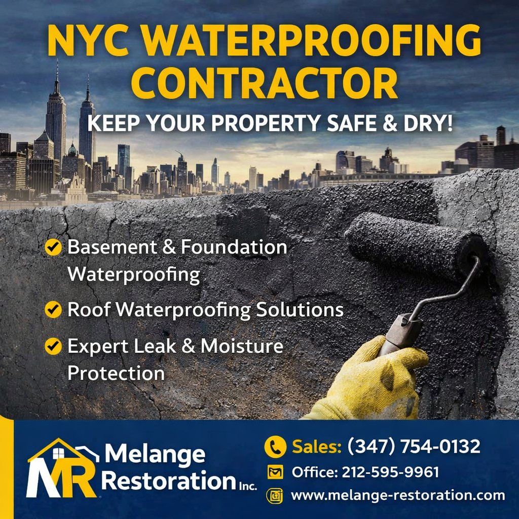 Cracks, leaks, and moisture can quickly turn into costly structural damage if ignored. At Melange Restoration Inc., we provide expert waterproofing solutions across NYC to keep your property safe, dry, and protected year-round.
From basements and foundations to roofs and exterior walls, our team delivers durable, long-lasting protection you can trust.
✔ Stop leaks before they spread
✔ Protect your investment
✔ Reliable NYC waterproofing experts
🚨 Act now before the next storm hits!