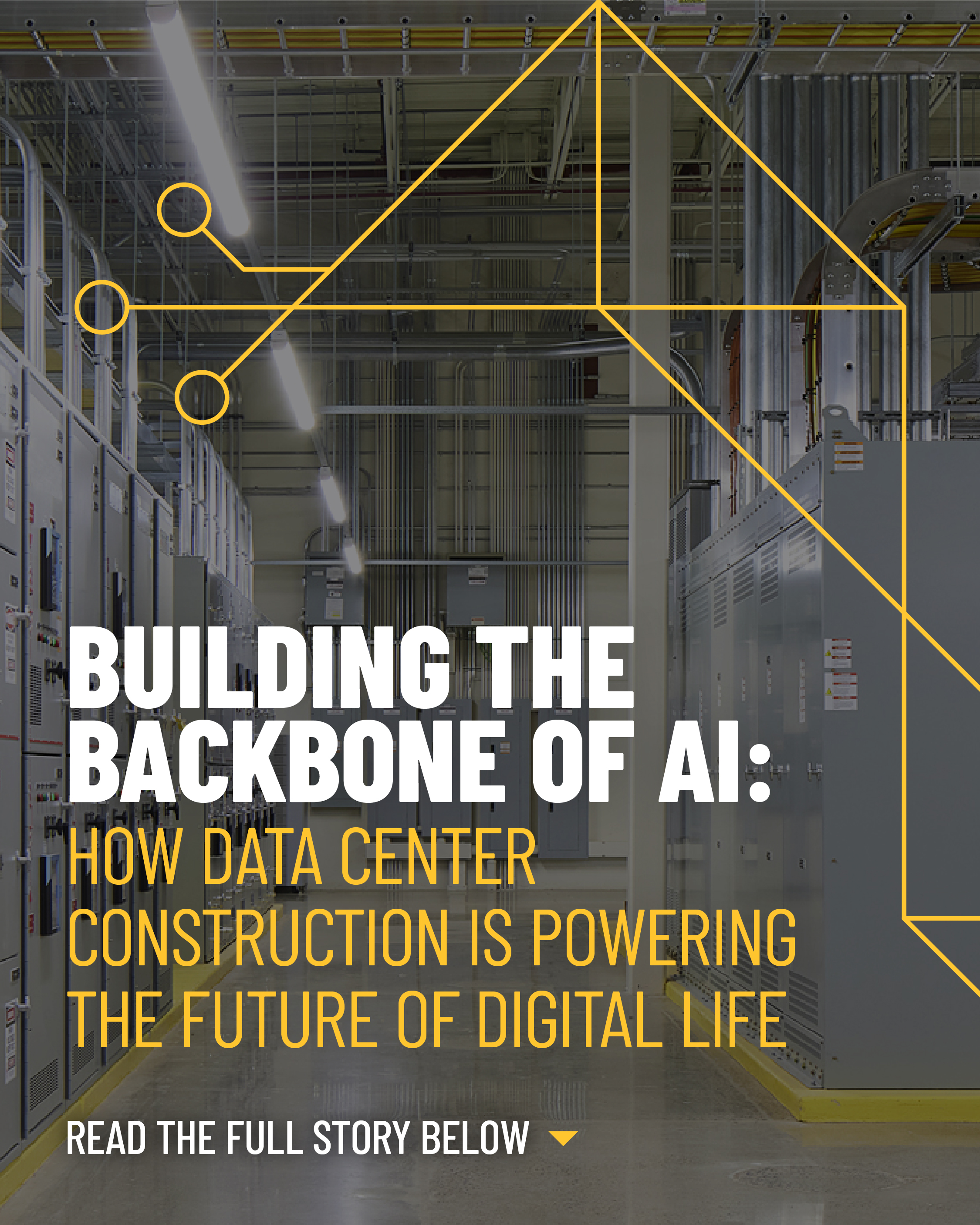Inside a data center with electrical equipment and cabling, symbolizing PCL Construction’s role in building infrastructure for AI and digital technology. Text overlay references powering the future of digital life.
