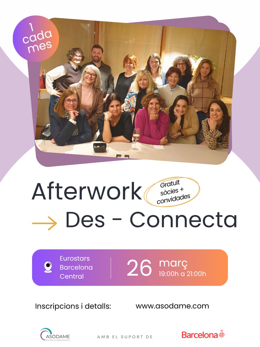 ✨#Liderarenfemení no és un camí solitari. A #Asodame sabem que juntes som imparables. Vine al nostre #Afterwork "Des-connecta" amb la nostra sòcia fundadora (des de 1996) Núria Martinez com a mentora 📅26/3⏰19h📍Eurostars Bcn Central 🎟️Inscriu-te!  https://forms.gle/Vi1eMibUURxPqJ4r9