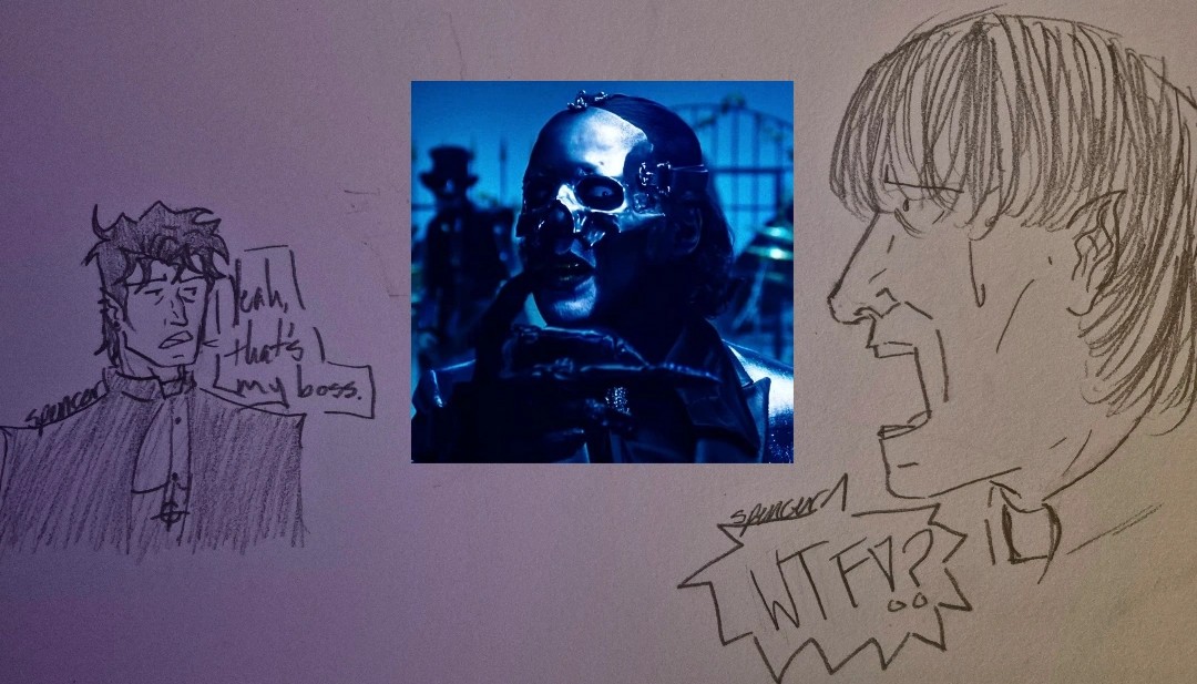 Traditional doodle by me of my Ghost oc Grimm, introducing the priest from Satanized mv to Perpetua. "Yeah, that's my boss." Says Grimm. The priest is screaming "WTF!?"