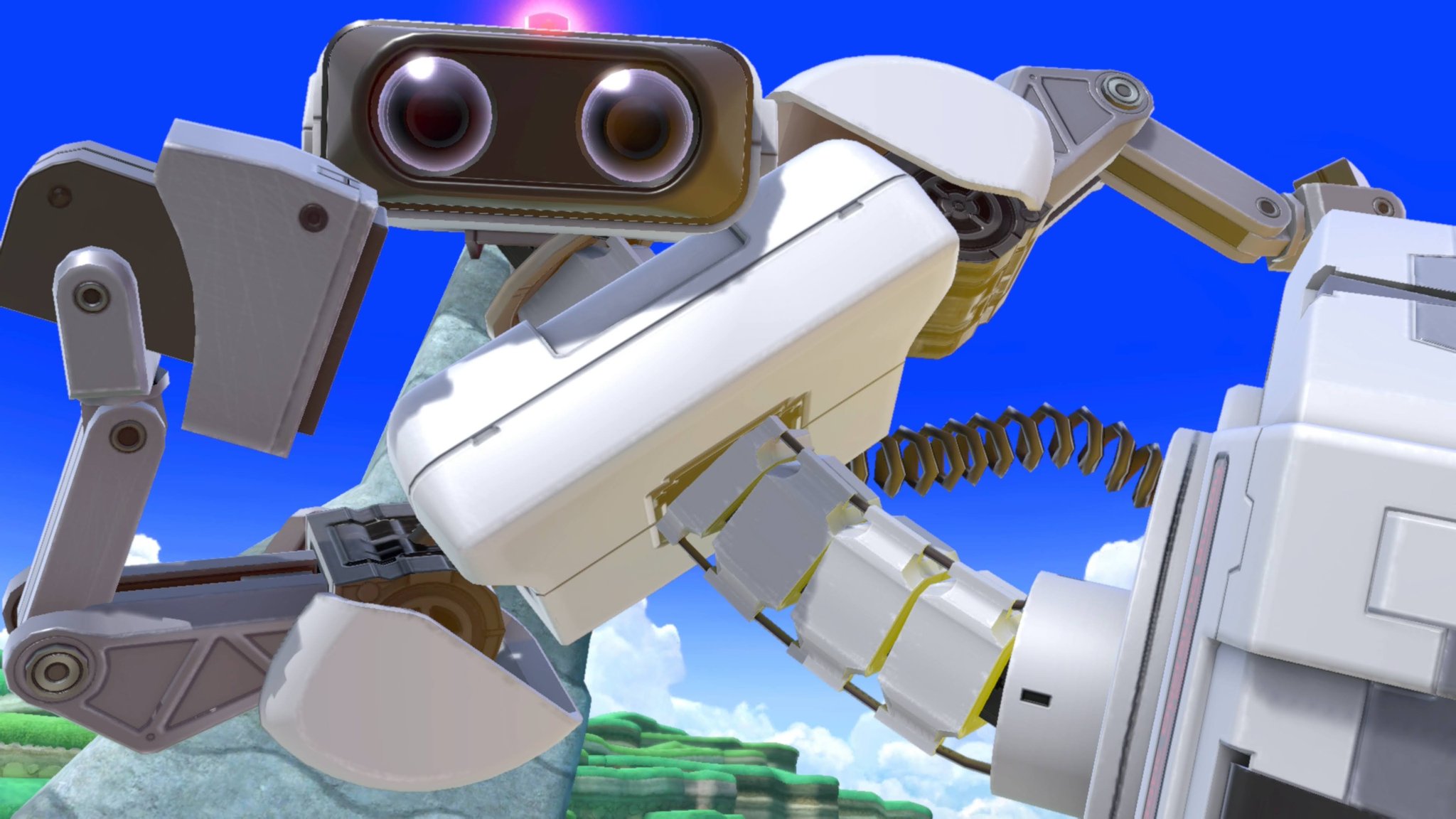 Two pictures of R.O.B. in the ending animation of his back air attack: one close up, the other at a later time and slightly further away.
Photos taken by me, Shubb, in Super Smash Bros. Ultimate on my Nintendo Switch 2.