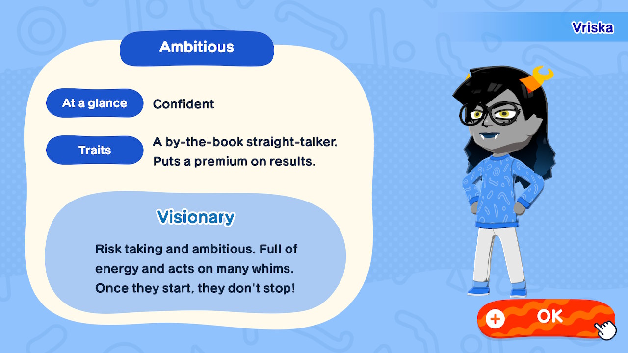 Screenshot from the Tomodachi Life: Living the Dream Demo. The Mii is based on Vriska from Homestuck, and has been given the personality Ambitious Visionary.