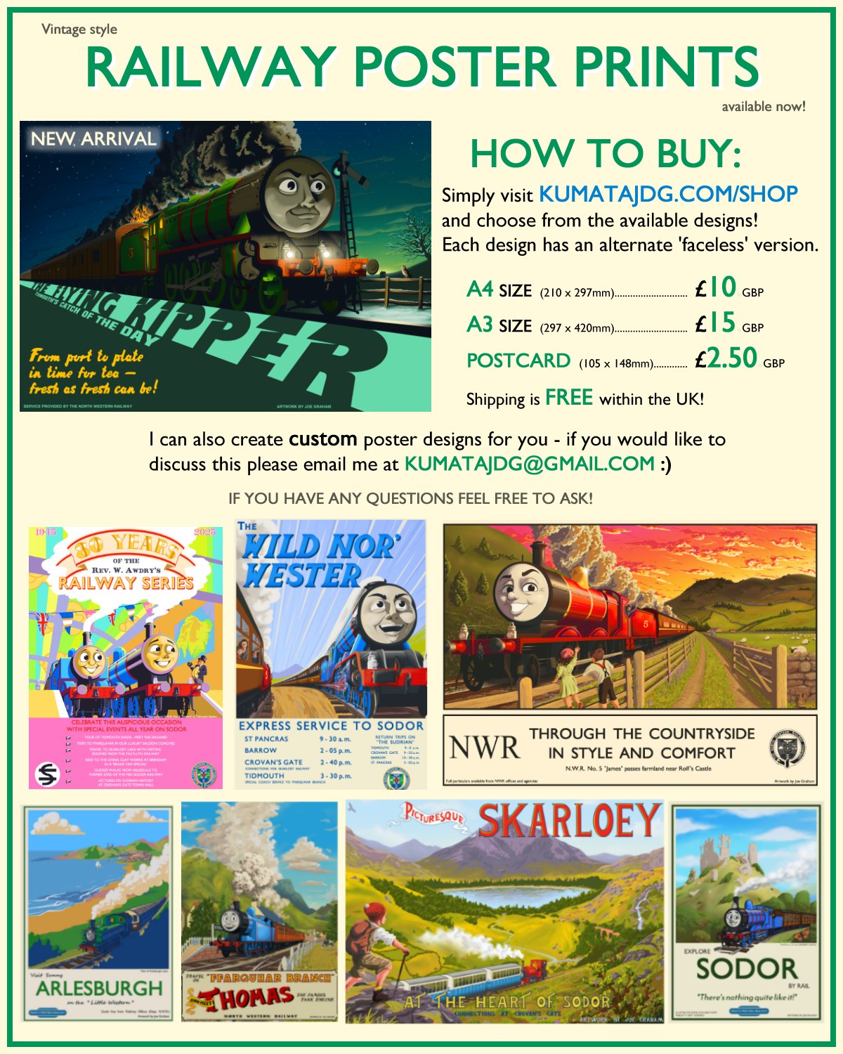 Railway Poster Prints by KumataJDG
The Railway Series RWS fanart illustration design art print Sodor Thomas the Tank Engine TTTE Edward Gordon James Duck Skarloey Fat Controller Sir Topham Hatt Tidmouth Flying Kipper Henry landscape lake sunset castle beach twilight winter snow fish vintage nostalgia steam locomotive train colourful infographic