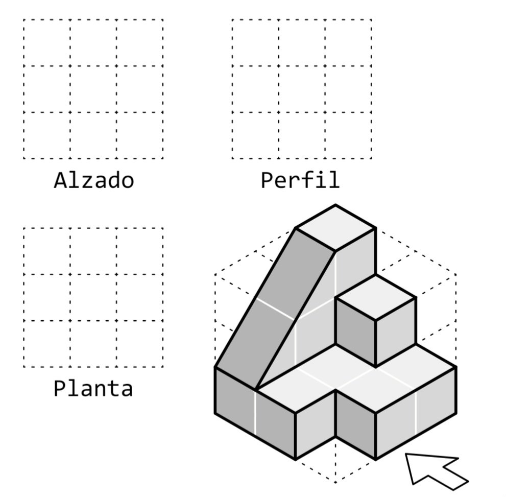 Pieza en 3D en perspectiva isométrica, con rampa.