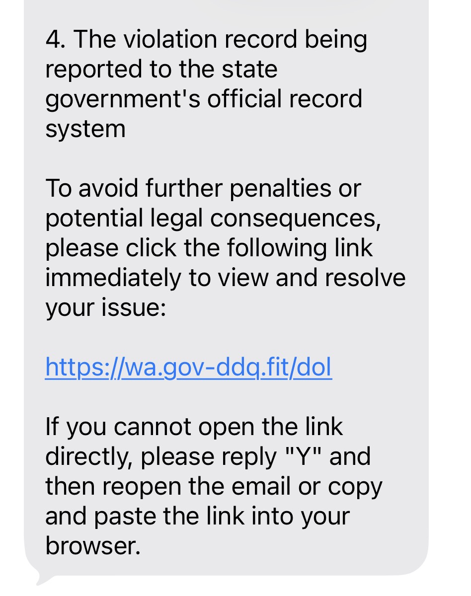 Text message displaying a warning about a violation record reported to the state government's official record system. It advises resolving the issue by clicking a provided link and includes further instructions if the link cannot be opened.