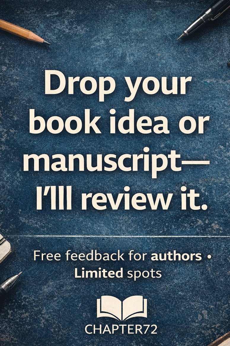 Graphic inviting authors to share their book idea or manuscript for free review, with Chapter72 branding and writing tools in the background.