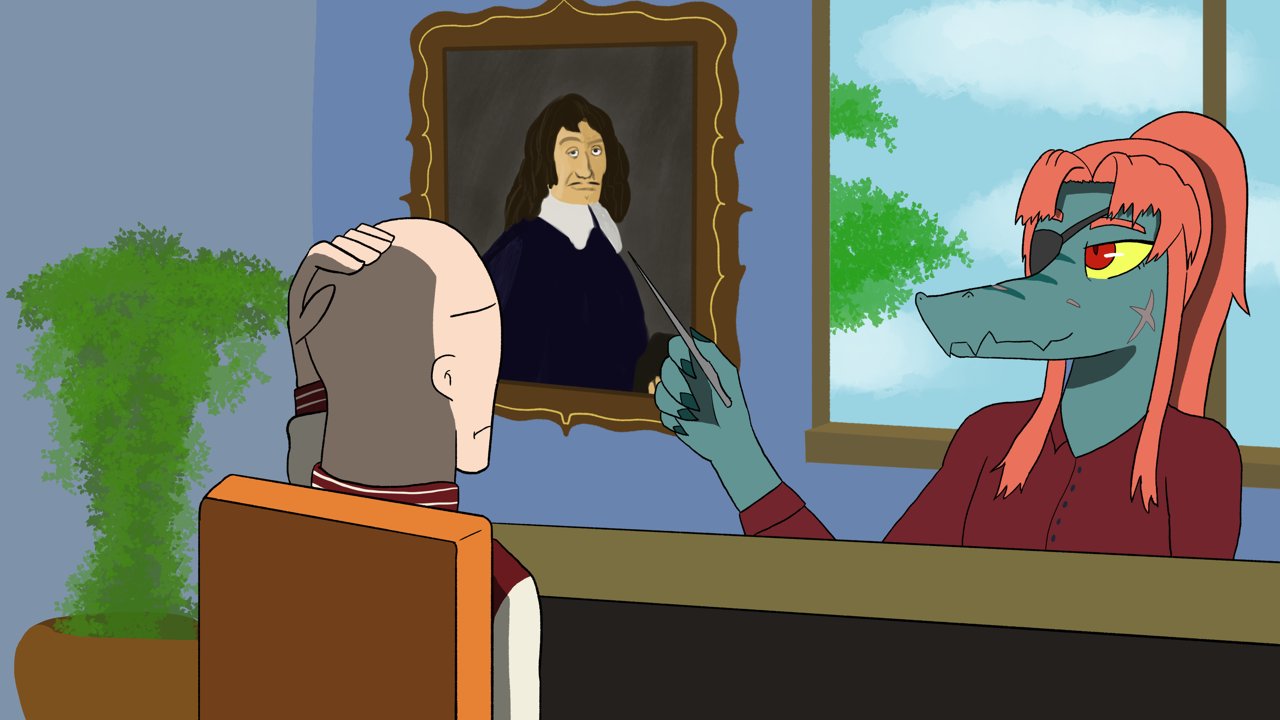 Counselor Sam of Devlog: A Postmodern College Experience directing Dev's attention to a portrait of Rene Descartes to give him "sound advice"