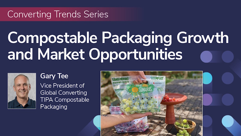 "Converting Trends Series: Compostable Packaging Growth and Market Opportunities" with headshot and title of Gary Lee; image of green grapes in a compostable bag. Bag is being held above a picnic table by an unidentified person; background illustration of blue abstract dots in pattern design.

Image Credit: Background illustration by filo / DigitalVision Vectors via Getty Images Plus; headshot and inset image courtesy of TIPA Compostable Packaging