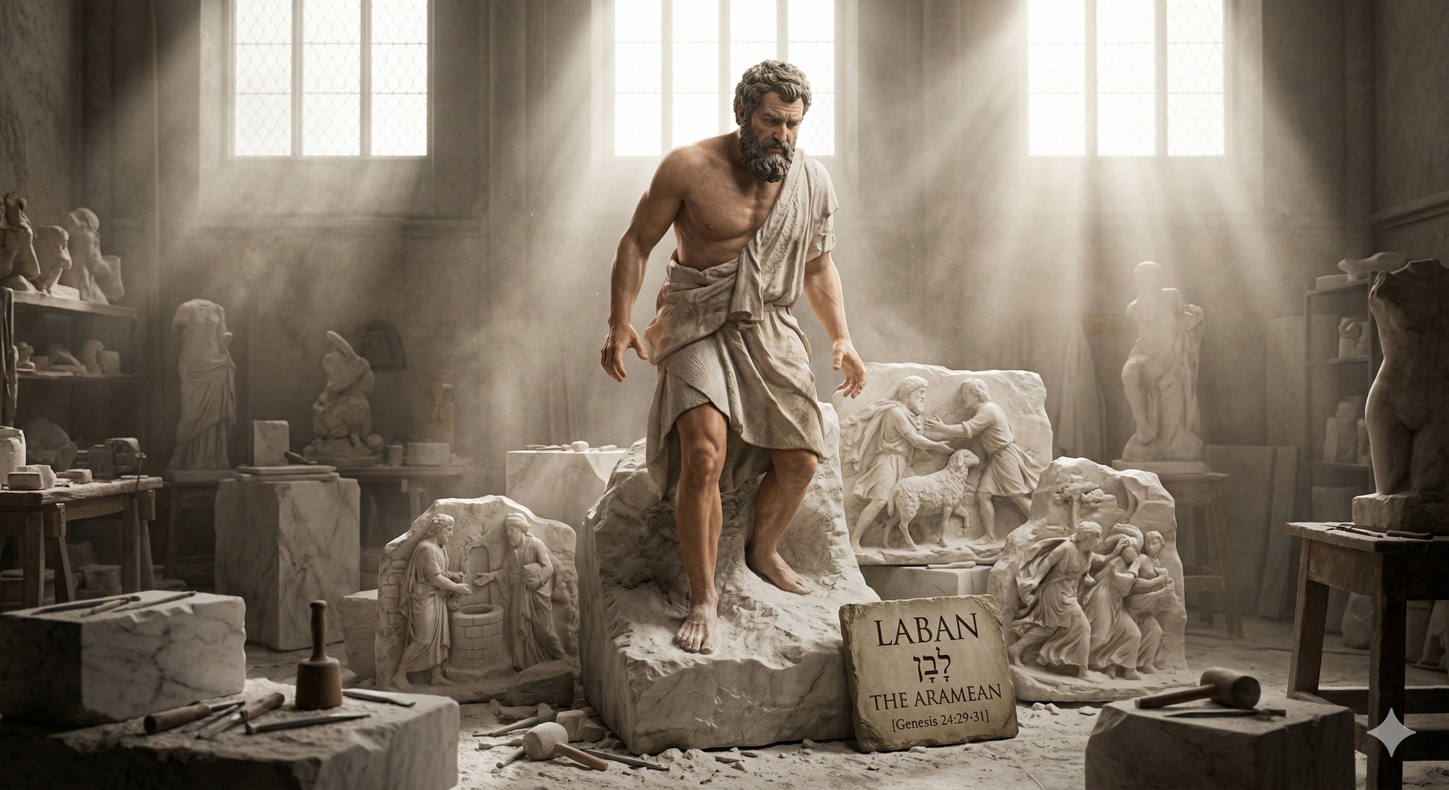 A marble-style scene of Laban standing in a sculptor’s studio, surrounded by carved panels showing hospitality and negotiation. A stone plaque reads “LABAN” with Hebrew לָבָן and “The Aramean,” referencing Genesis 24:29–31.
