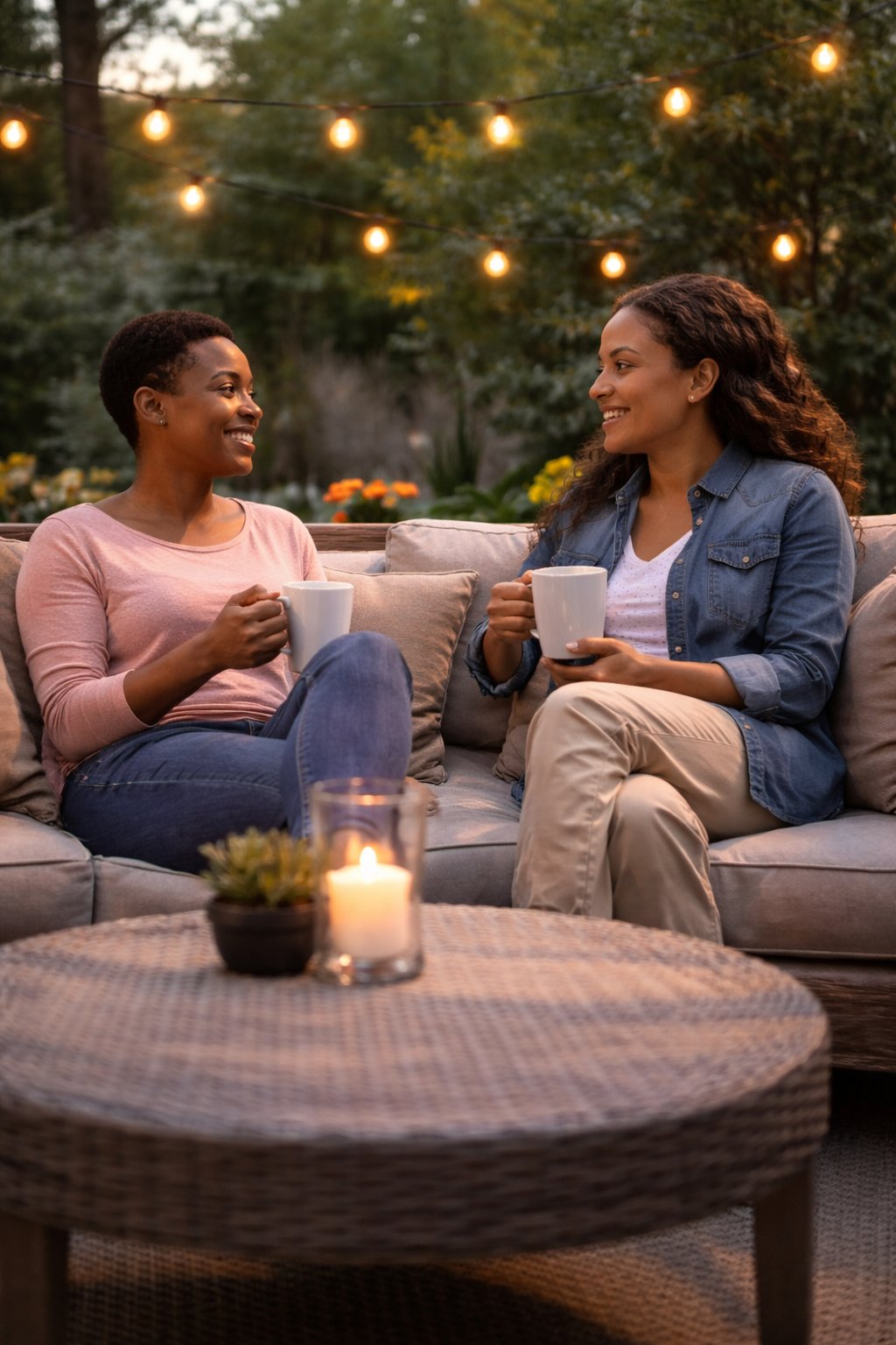 Two women relaxing on a patio, enjoying coffee and conversation under string lights, representing a safe, comfortable living environment and shared housing experience.