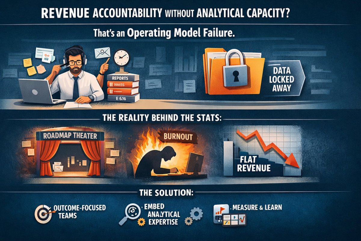 Illustration showing revenue accountability failure due to lack of analytical capacity, with data locked away and flat revenue decline.