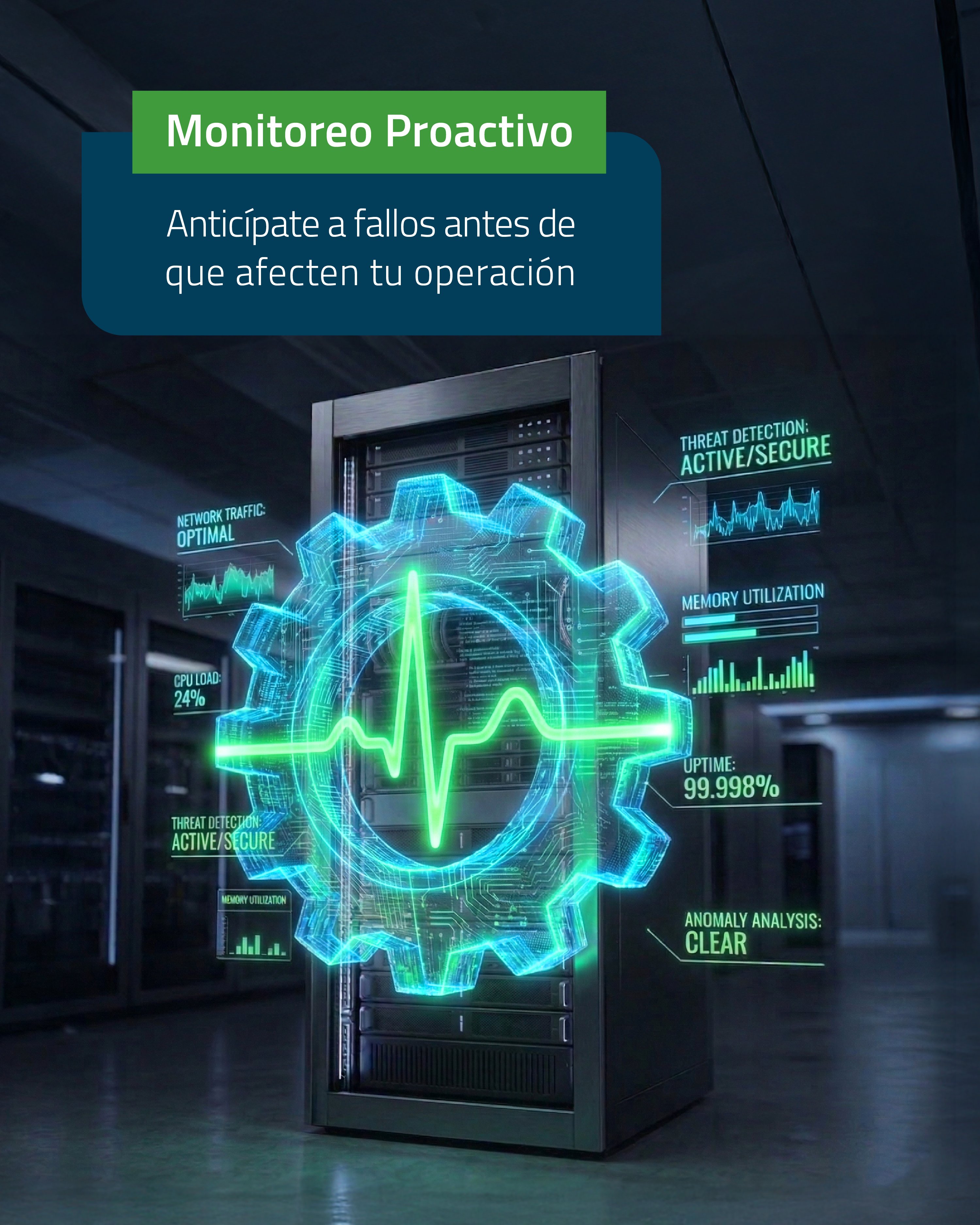 Ilustración de monitoreo proactivo de infraestructura TI con un servidor y un engranaje digital mostrando métricas de rendimiento, disponibilidad y salud del sistema.