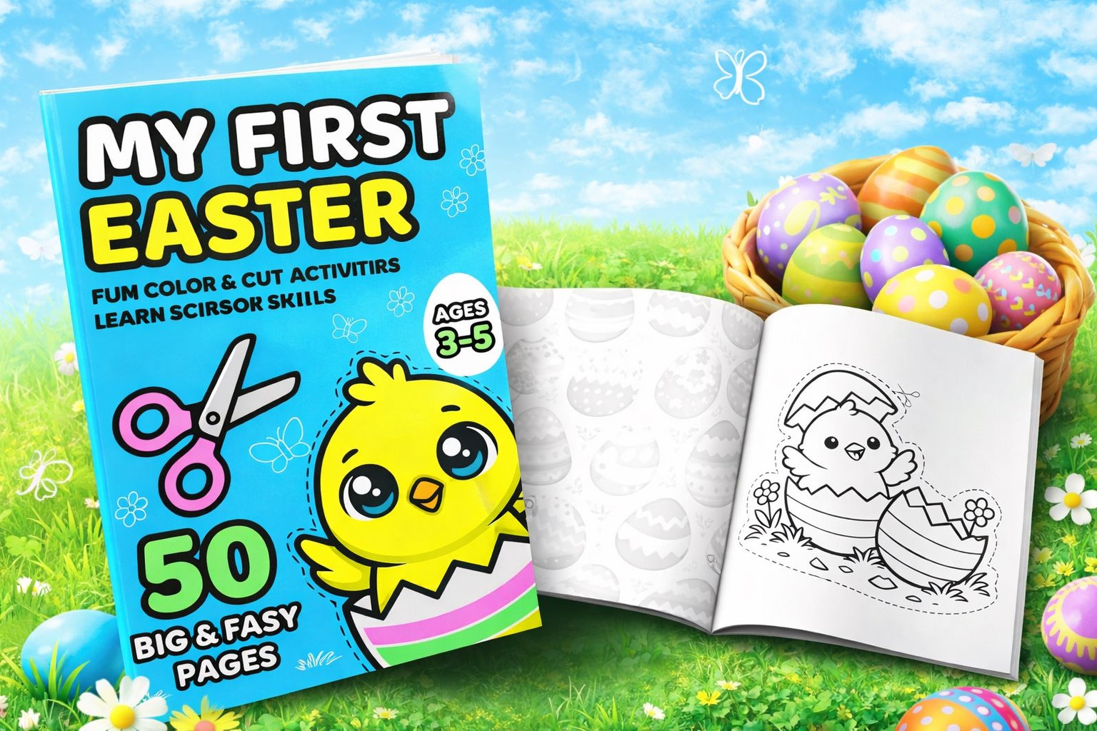 Easter activity book for kids ages 3–5 with cute chick, coloring pages, and scissor cutting activities for toddlers