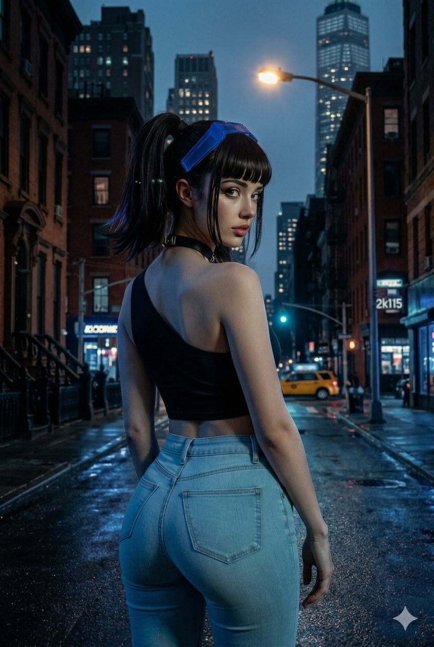 Night photograph of a girl in New York City seen from behind, standing in the street and turning her head slightly toward the camera. The scene is illuminated by urban night lights, creating a moody and cinematic atmosphere