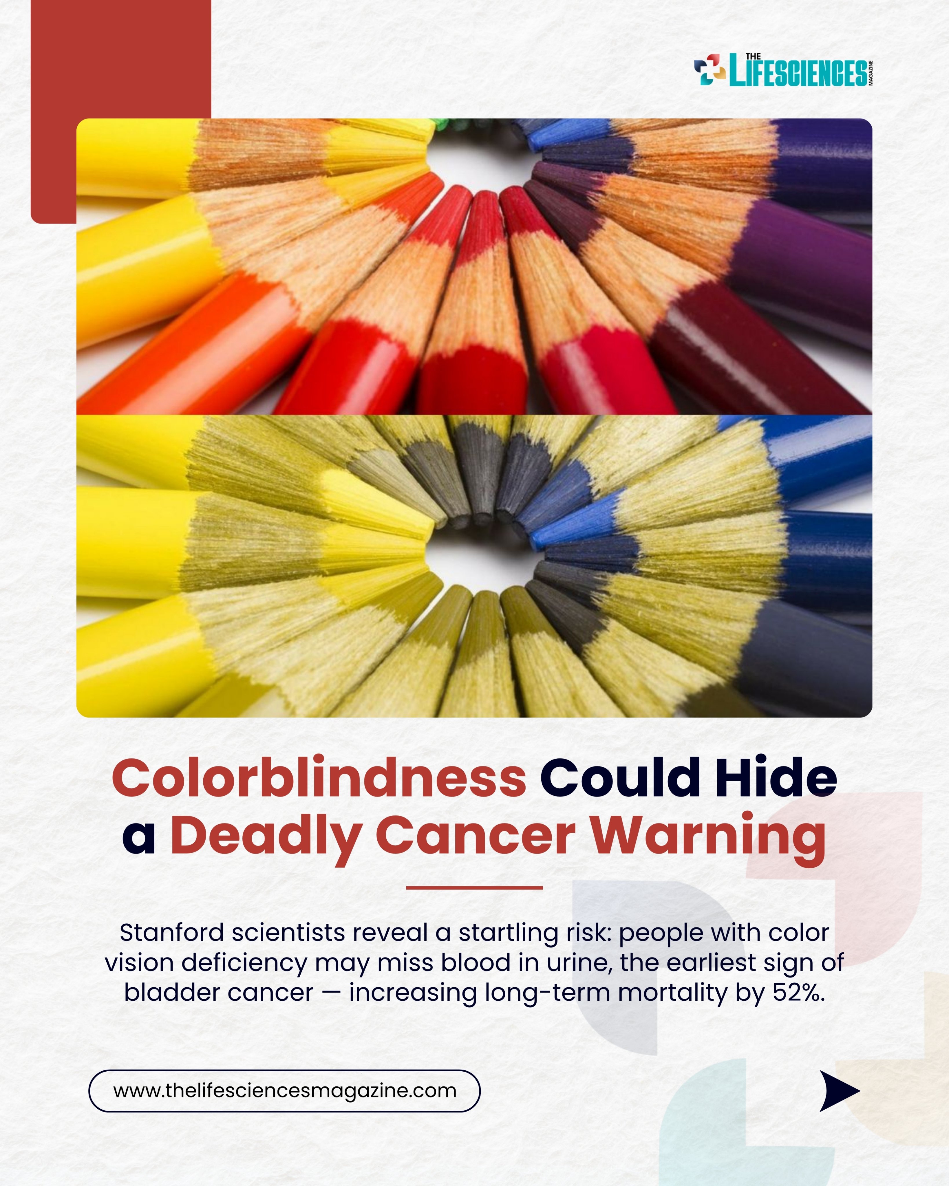 Comparison of colored pencils as seen with normal vision versus colorblindness, warning about missing early cancer signs.