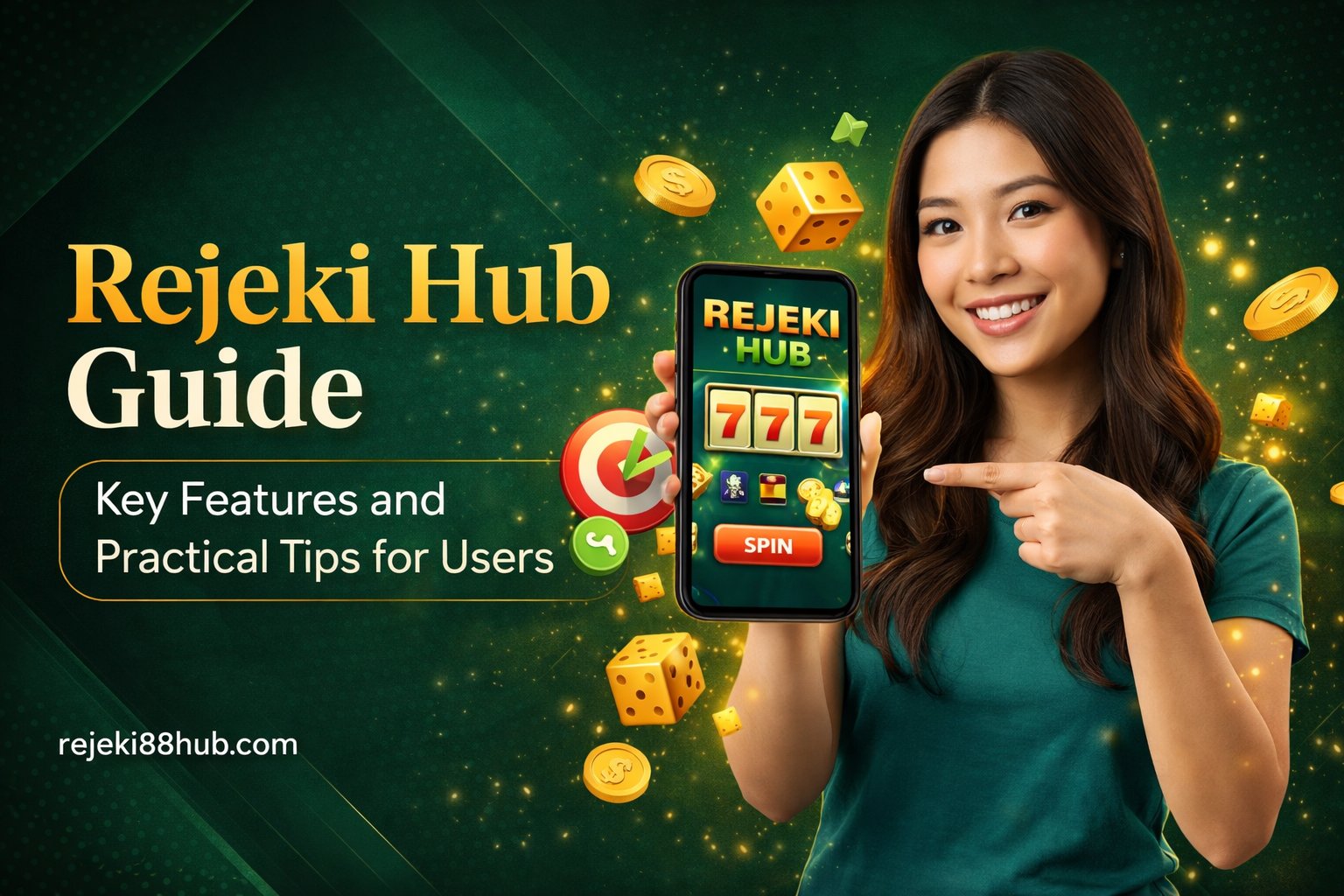 Rejeki Hub guide illustration showing a smiling woman holding a smartphone with slot game interface, coins and icons highlighting platform features and beginner tips in 2026
